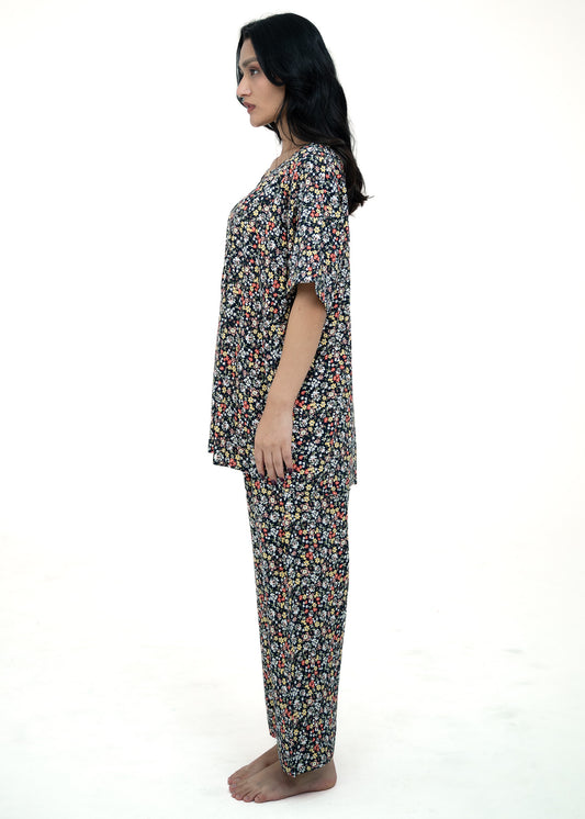 Linen Floral Soft Round Neck Comfort Fit Short Sleeve Pajama Set