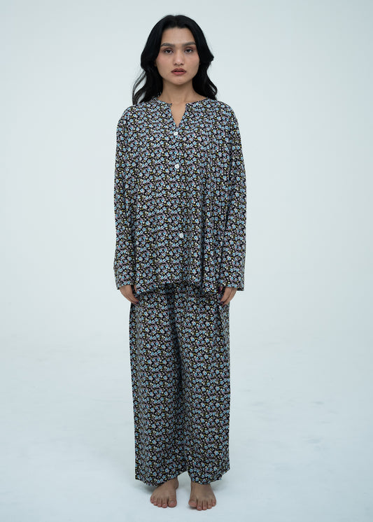 Linen Soft Round Neck Easy-Fit Printed Pajama Set