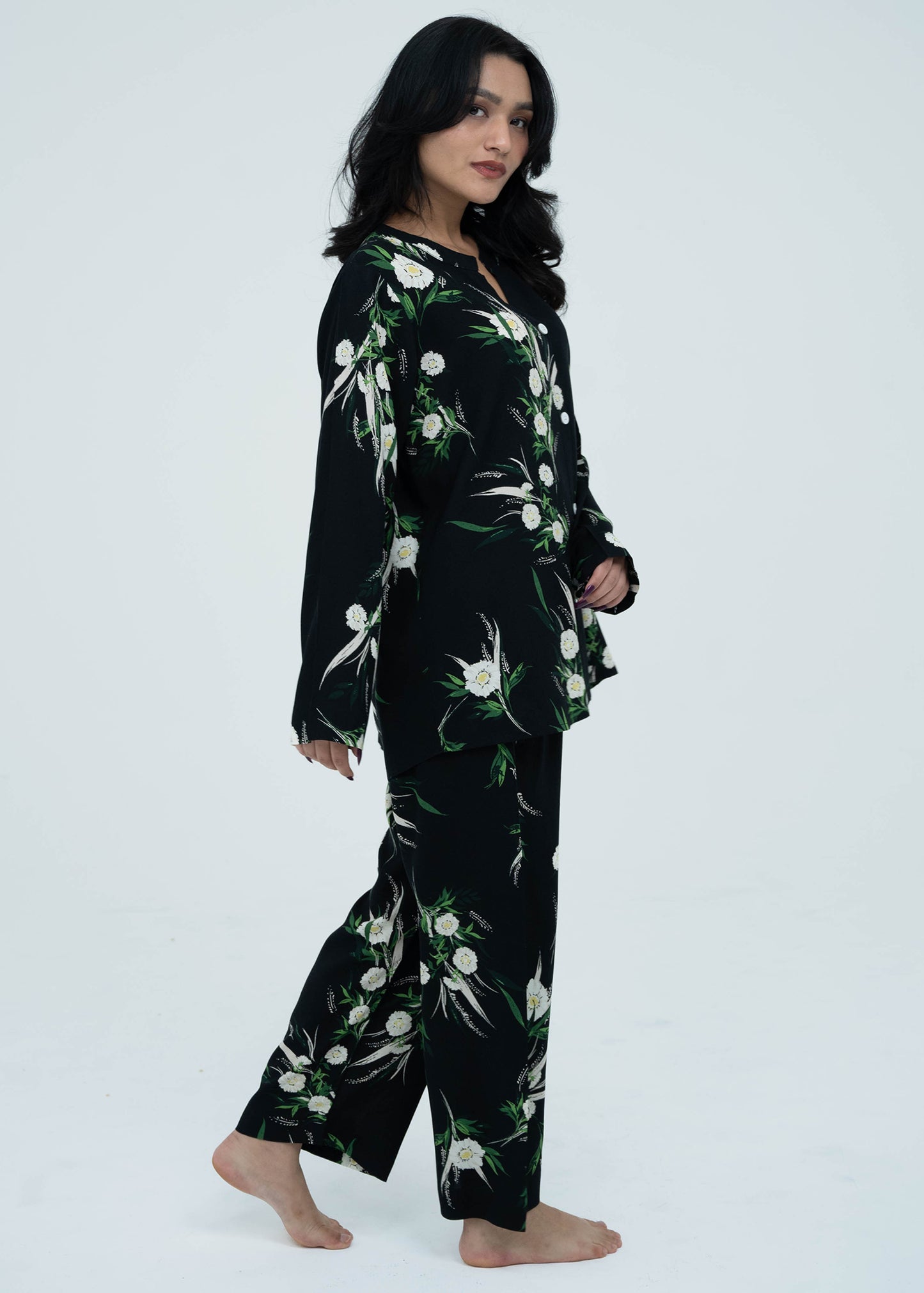 Linen Soft Round Neck Easy-Fit Printed Pajama Set