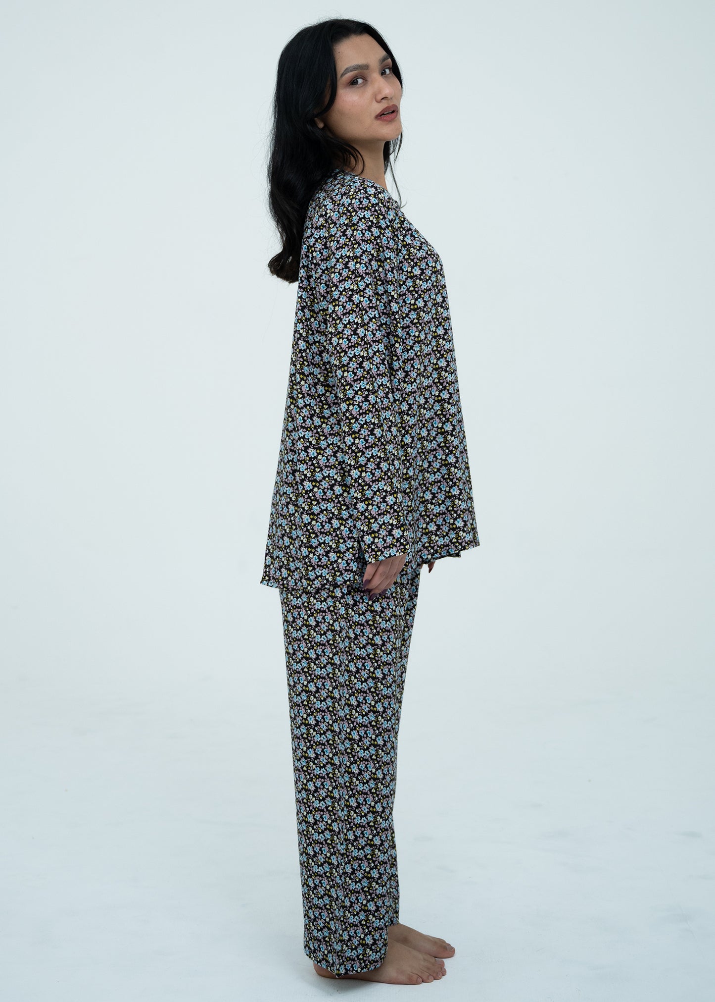 Linen Soft Round Neck Easy-Fit Printed Pajama Set