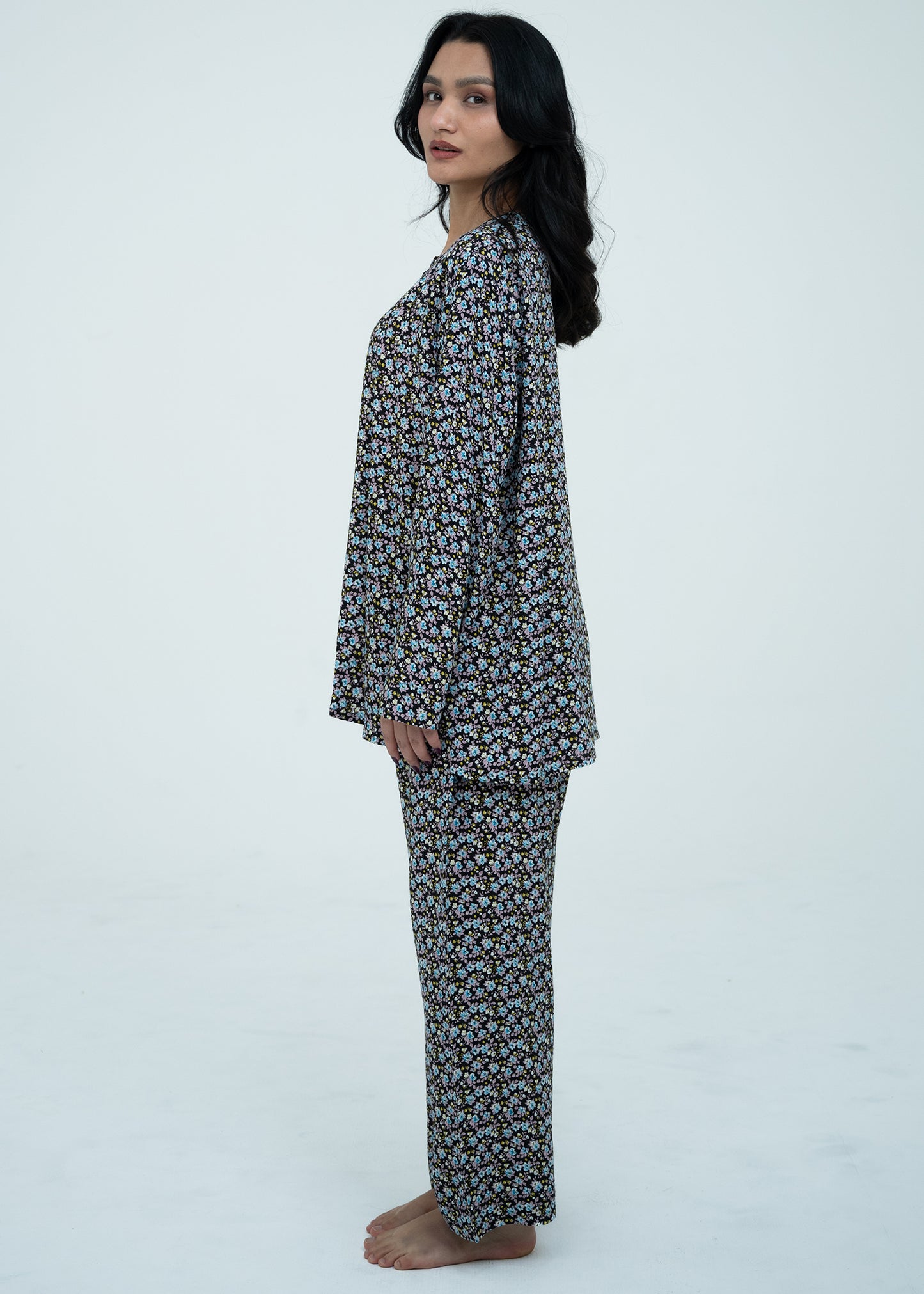 Linen Soft Round Neck Easy-Fit Printed Pajama Set