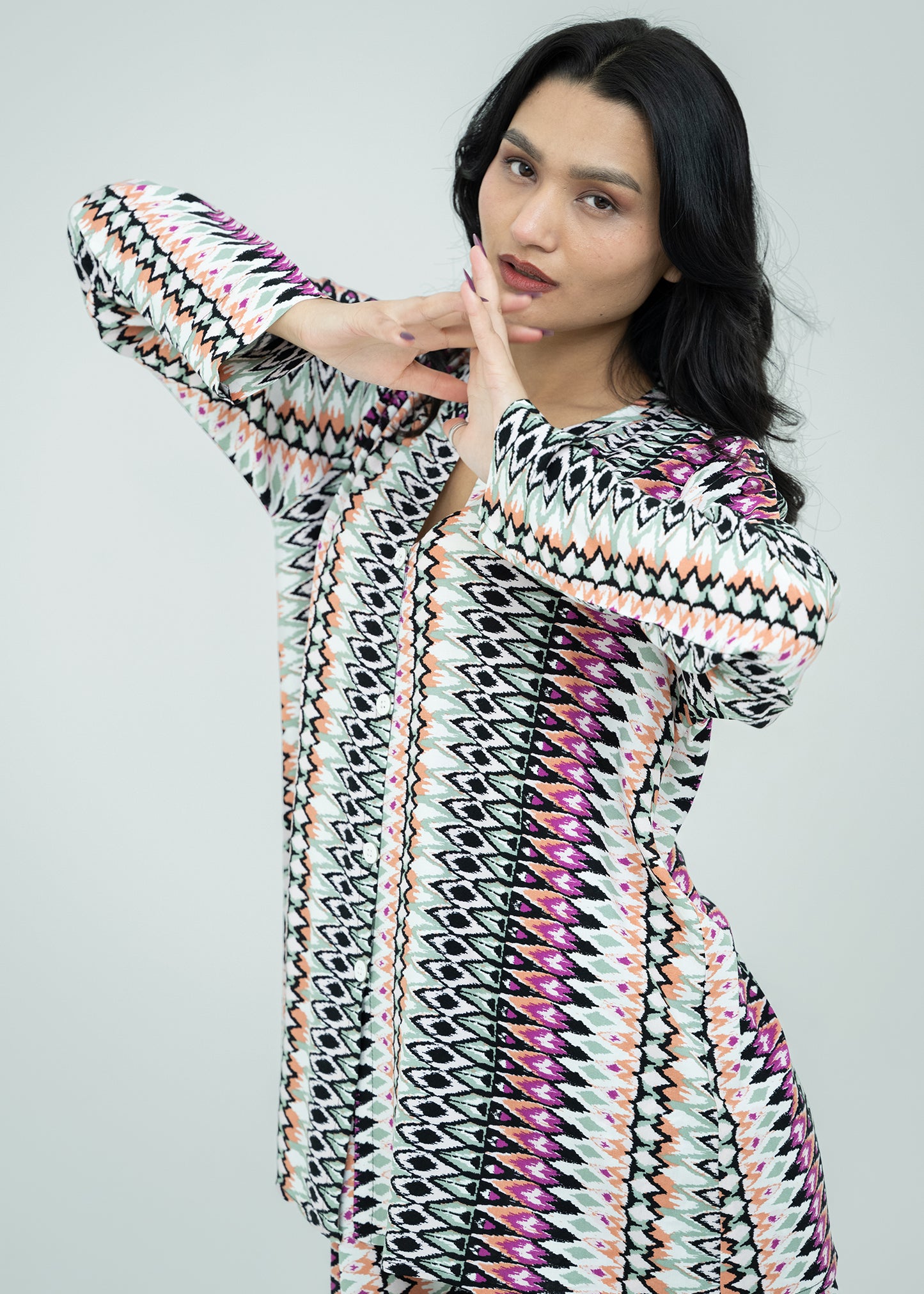 Linen Soft Round Neck Easy-Fit Printed Pajama Set