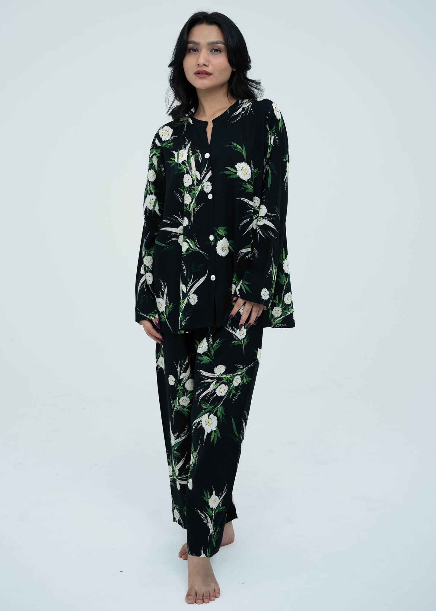 Linen Soft Round Neck Easy-Fit Printed Pajama Set