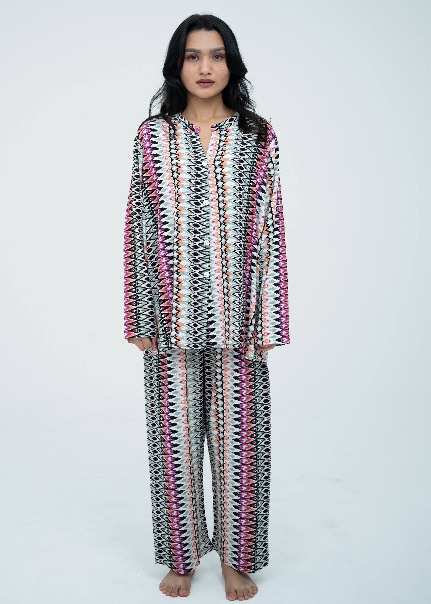 Linen Soft Round Neck Easy-Fit Printed Pajama Set