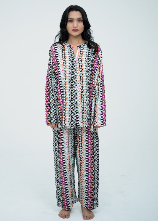 Linen Soft Round Neck Easy-Fit Printed Pajama Set