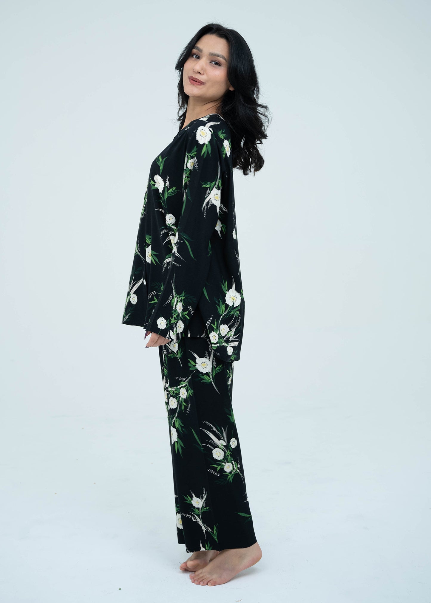 Linen Soft Round Neck Easy-Fit Printed Pajama Set