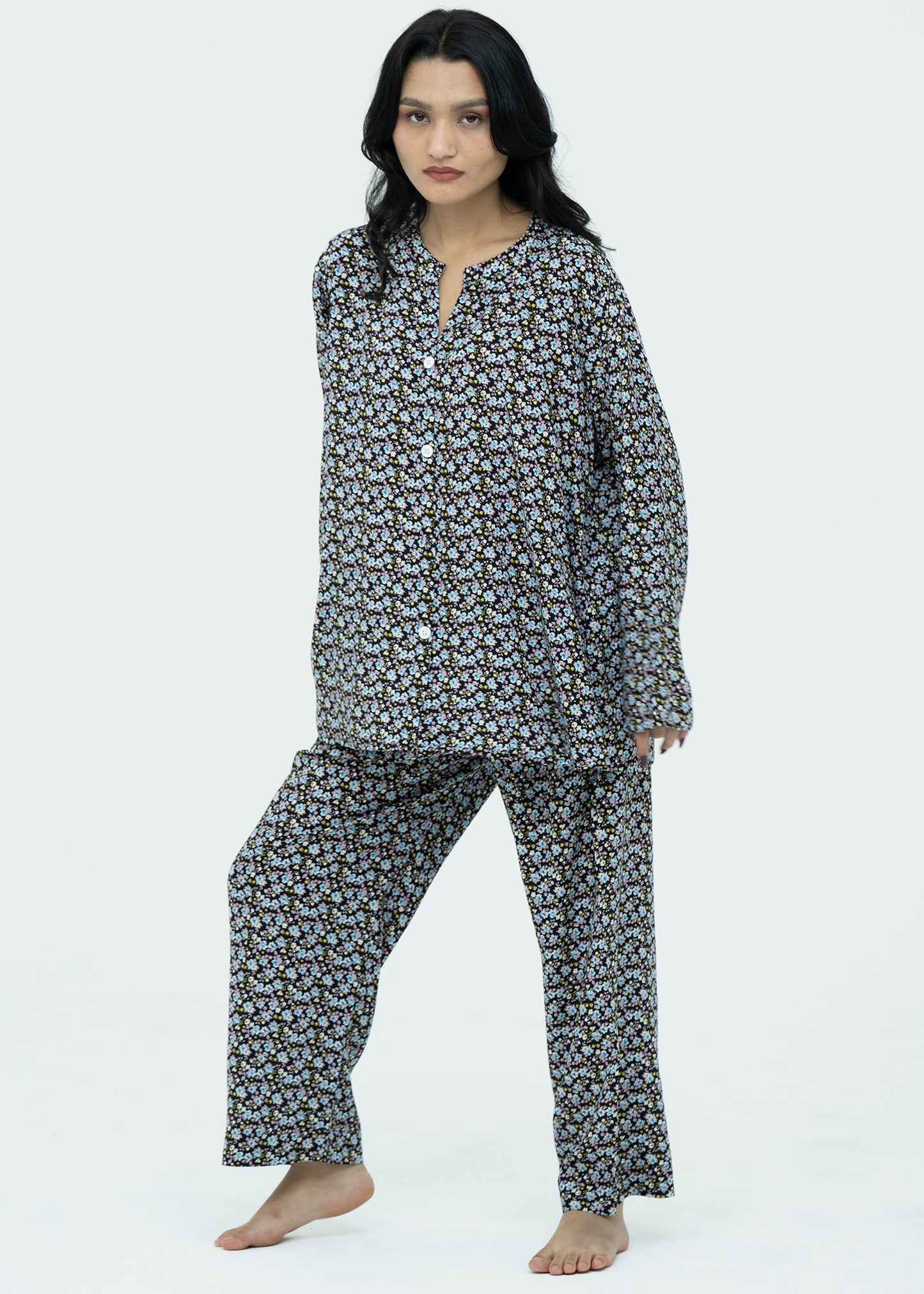 Linen Soft Round Neck Easy-Fit Printed Pajama Set