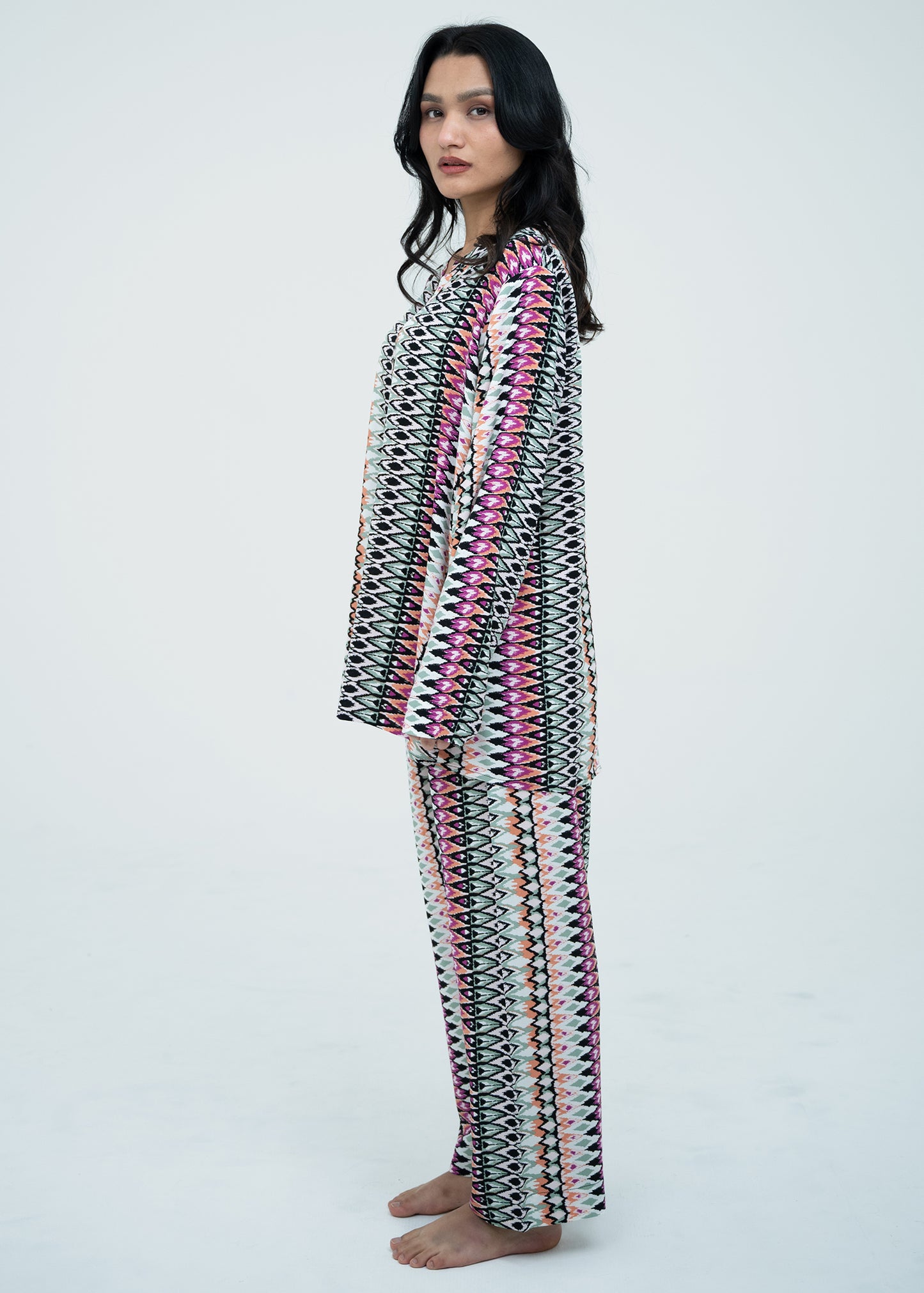 Linen Soft Round Neck Easy-Fit Printed Pajama Set