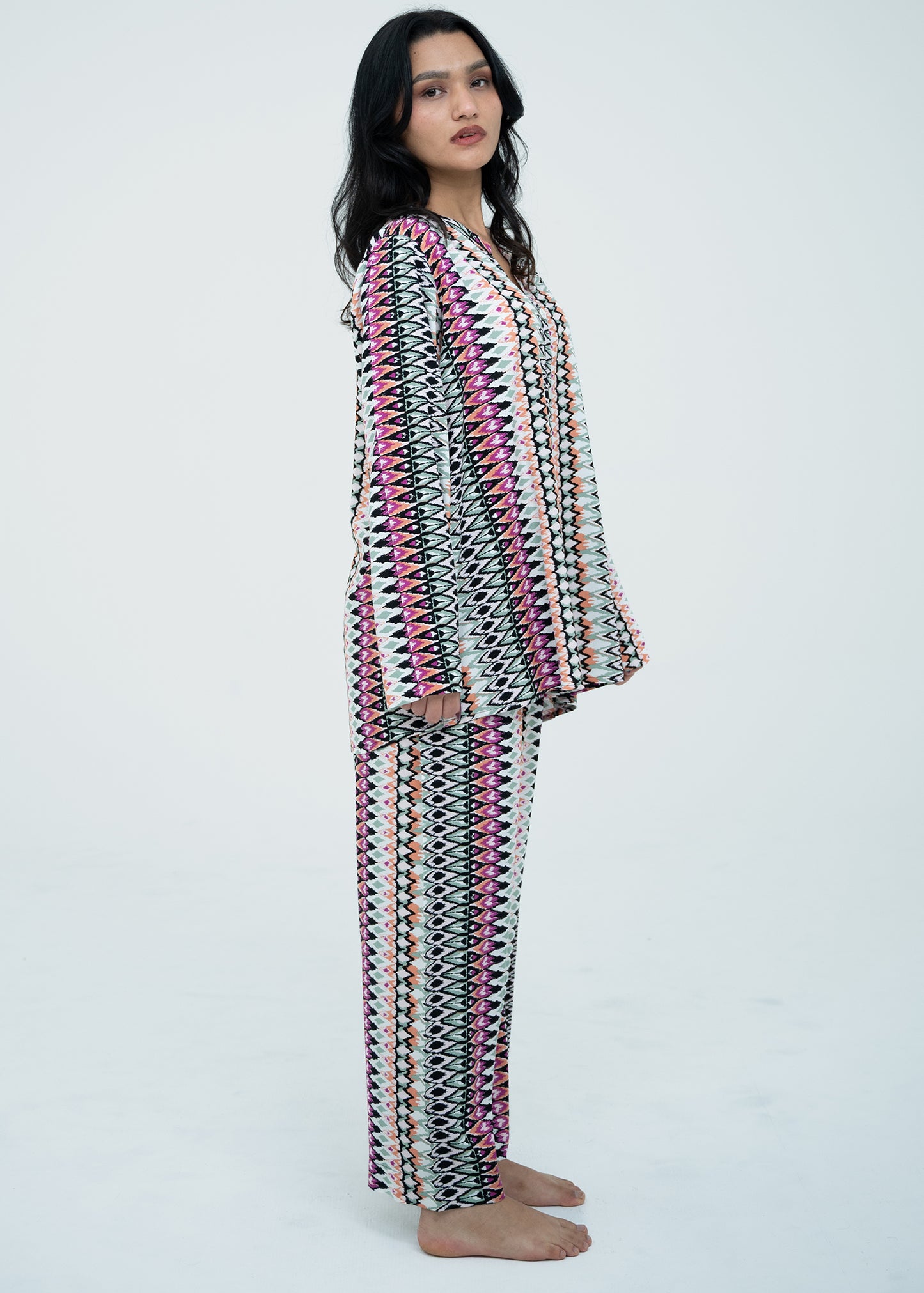 Linen Soft Round Neck Easy-Fit Printed Pajama Set