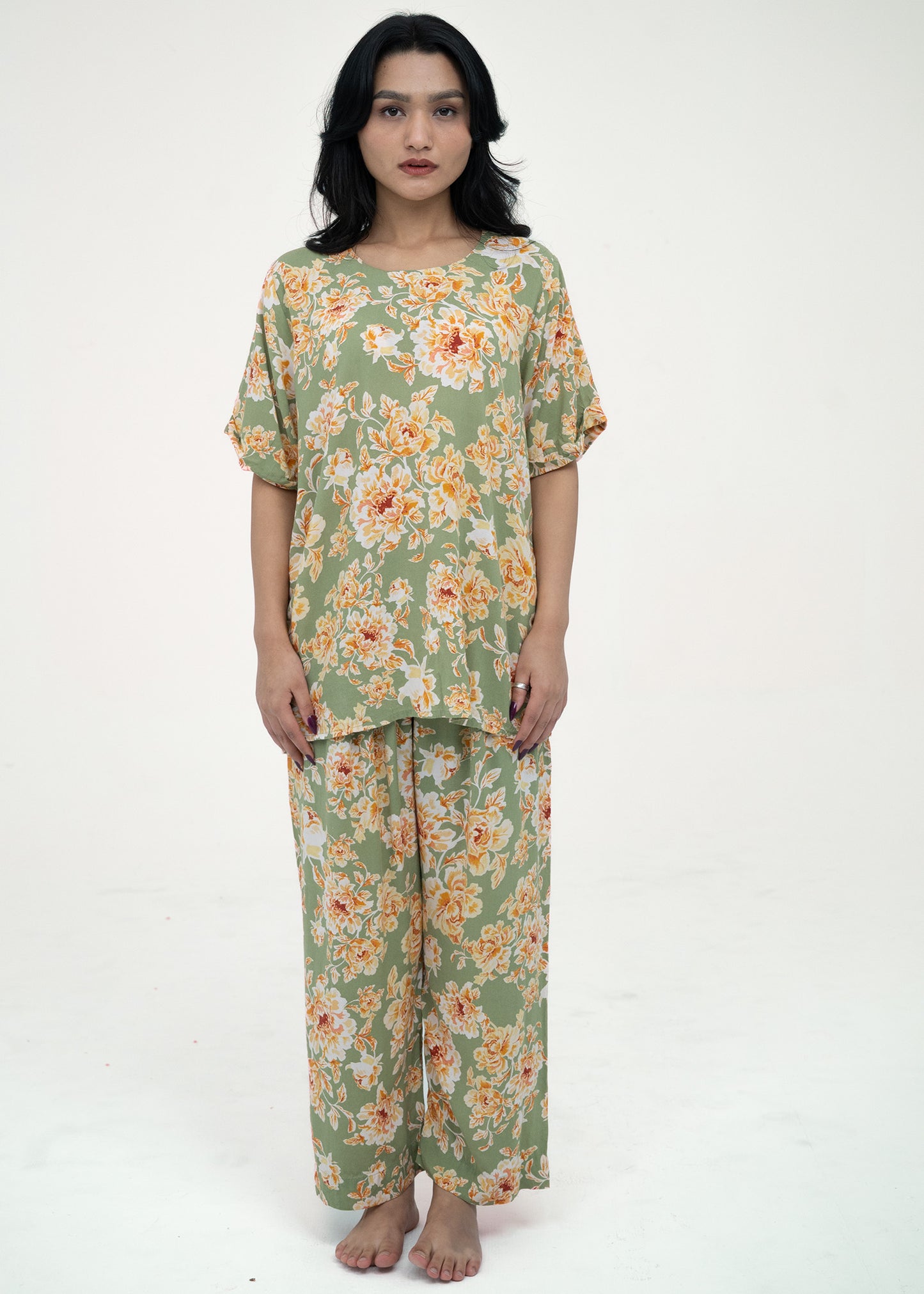 Linen Floral Soft Round Neck Comfort Fit Short Sleeve Pajama Set