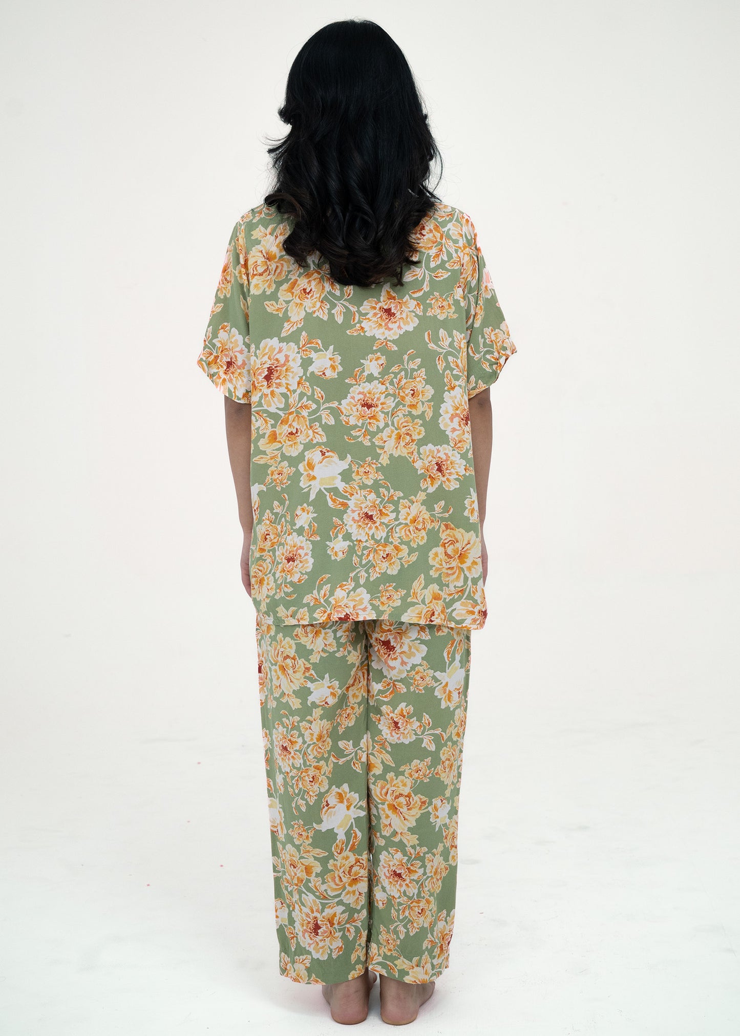Linen Floral Soft Round Neck Comfort Fit Short Sleeve Pajama Set