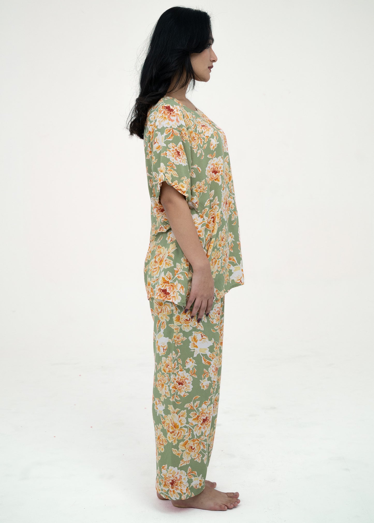 Linen Floral Soft Round Neck Comfort Fit Short Sleeve Pajama Set