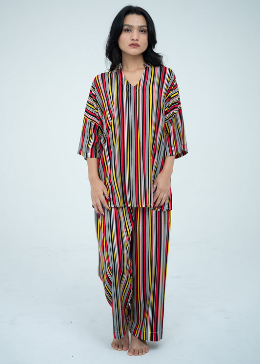 Linen Soft V-Neck Relaxed Multicolor Fit Pajama Set