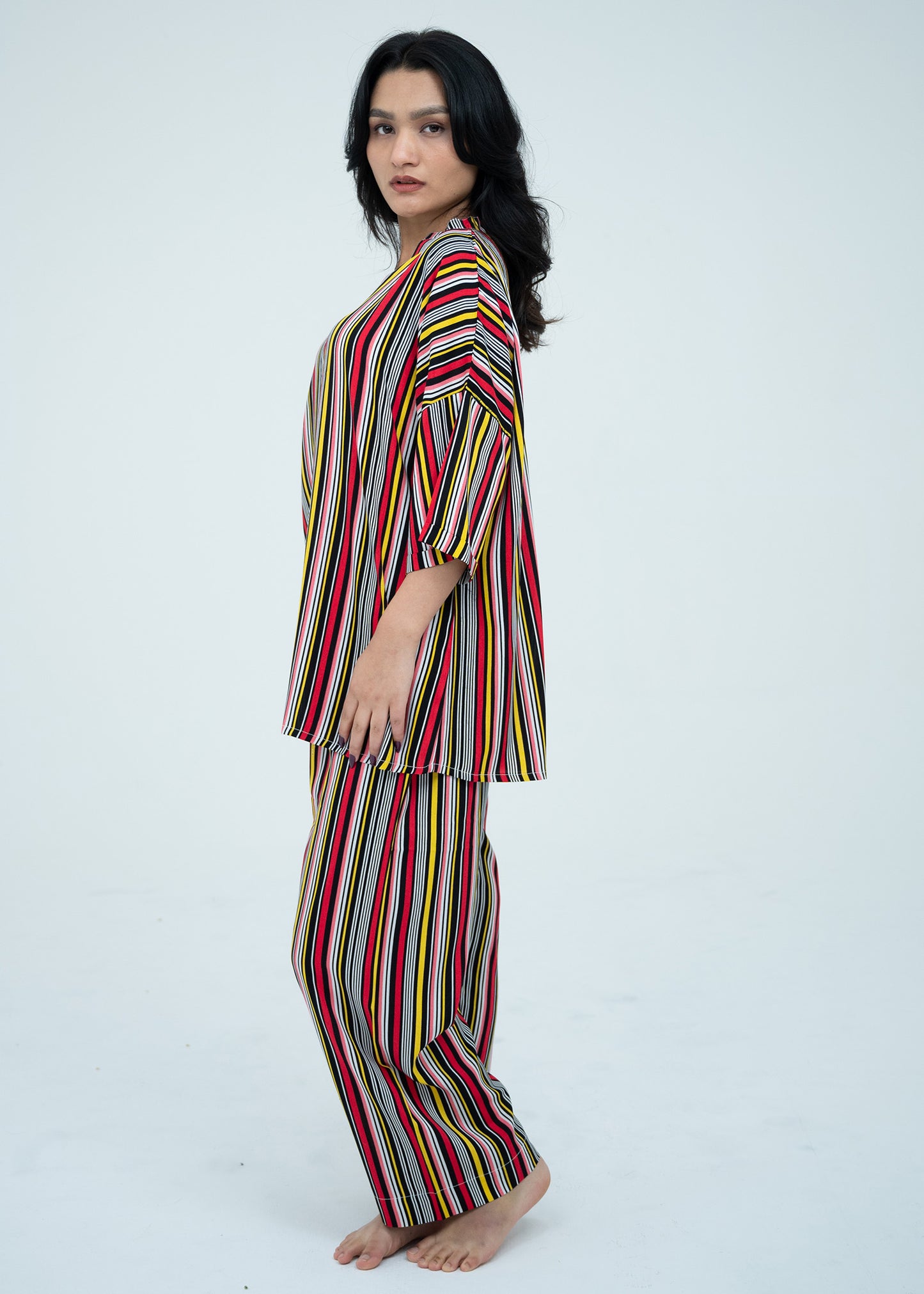 Linen Soft V-Neck Relaxed Multicolor Fit Pajama Set