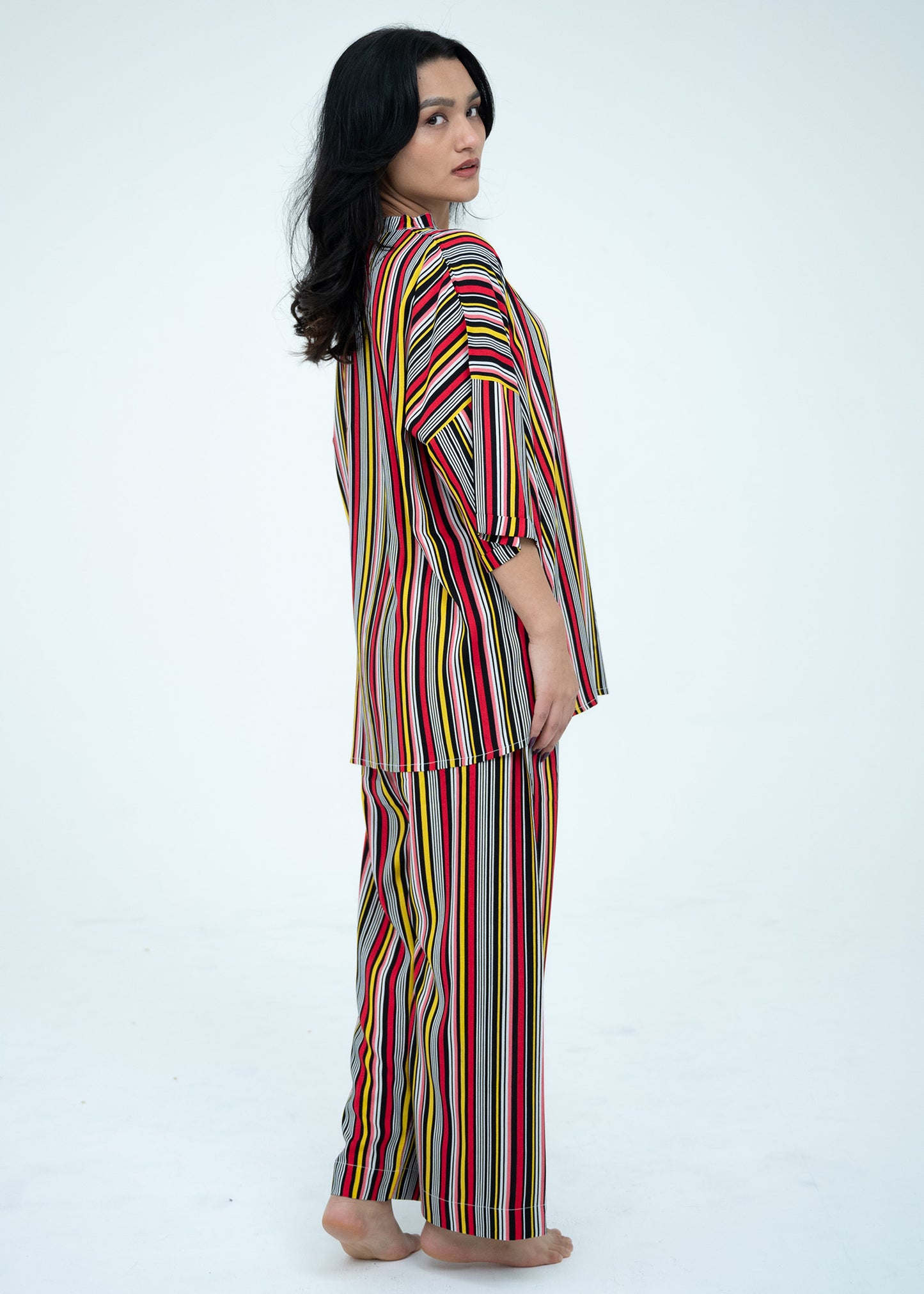 Linen Soft V-Neck Relaxed Multicolor Fit Pajama Set