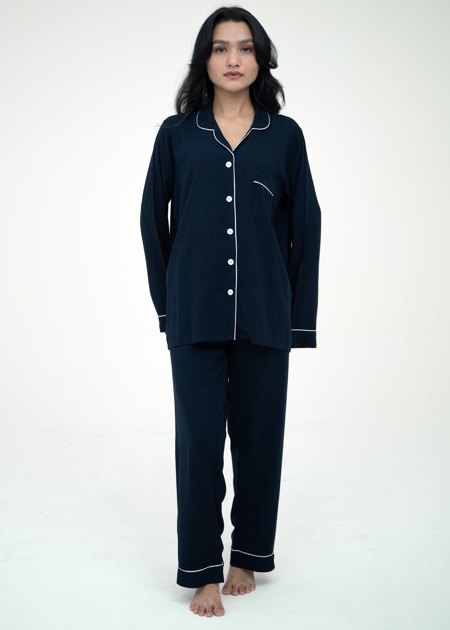 Linen Relaxed Fit Navy Blue Pajama Set