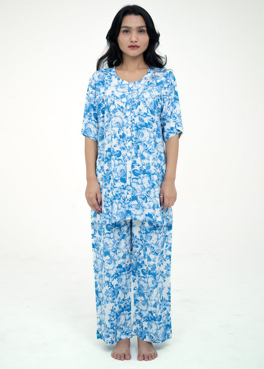 Short Sleeve Button-Up Top Blue Pajama Set