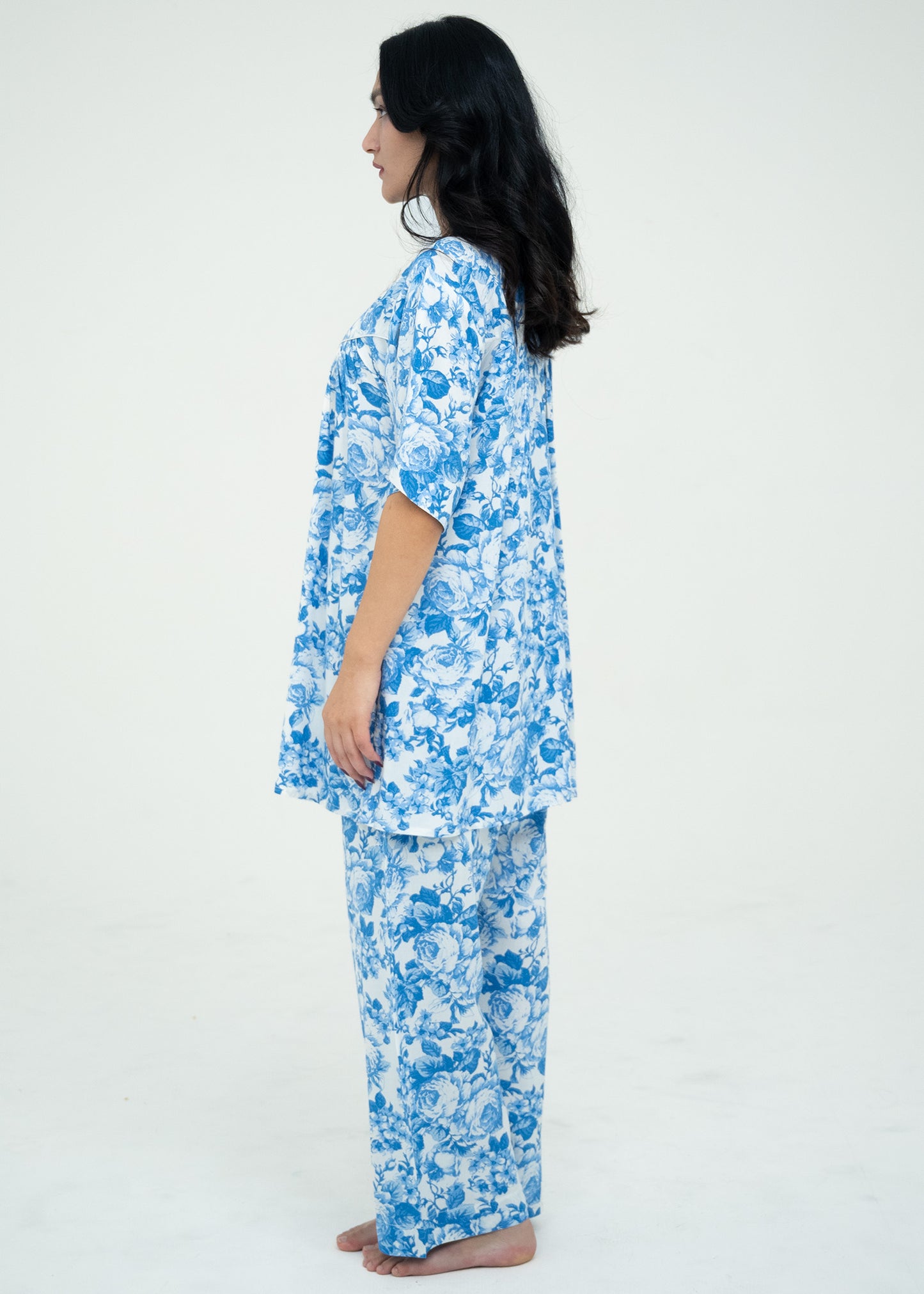 Short Sleeve Button-Up Top Blue Pajama Set