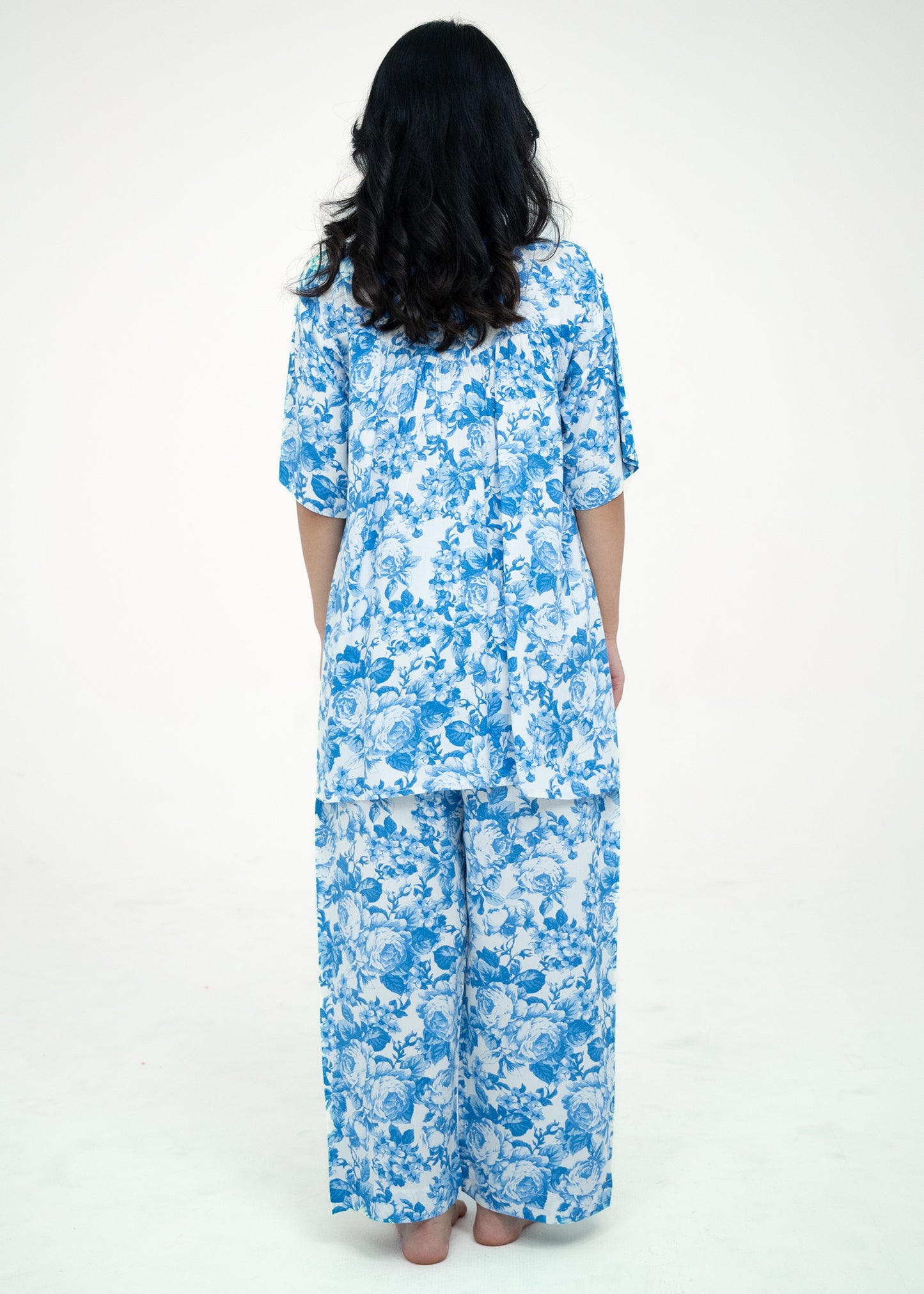 Short Sleeve Button-Up Top Blue Pajama Set
