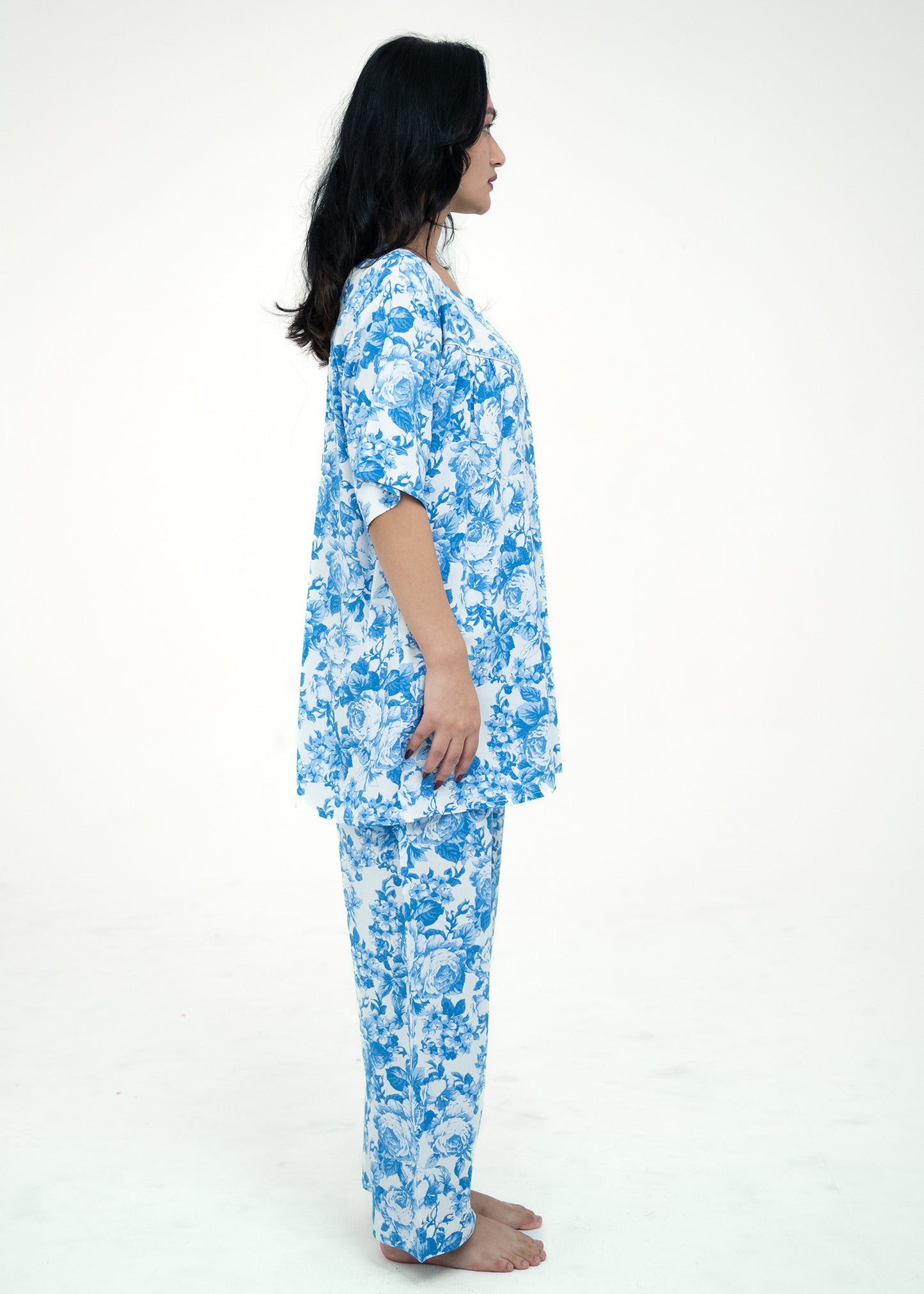 Short Sleeve Button-Up Top Blue Pajama Set