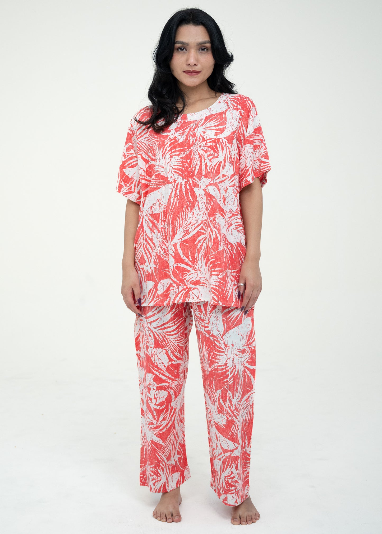 Linen Pink Floral Round Neck Comfort Fit Short Sleeve Pajama Set