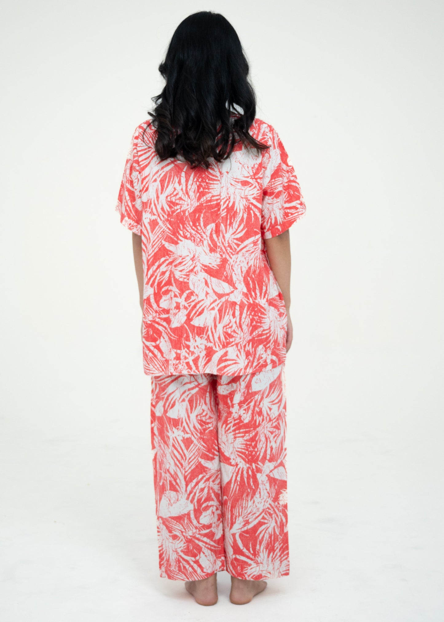 Linen Pink Floral Round Neck Comfort Fit Short Sleeve Pajama Set
