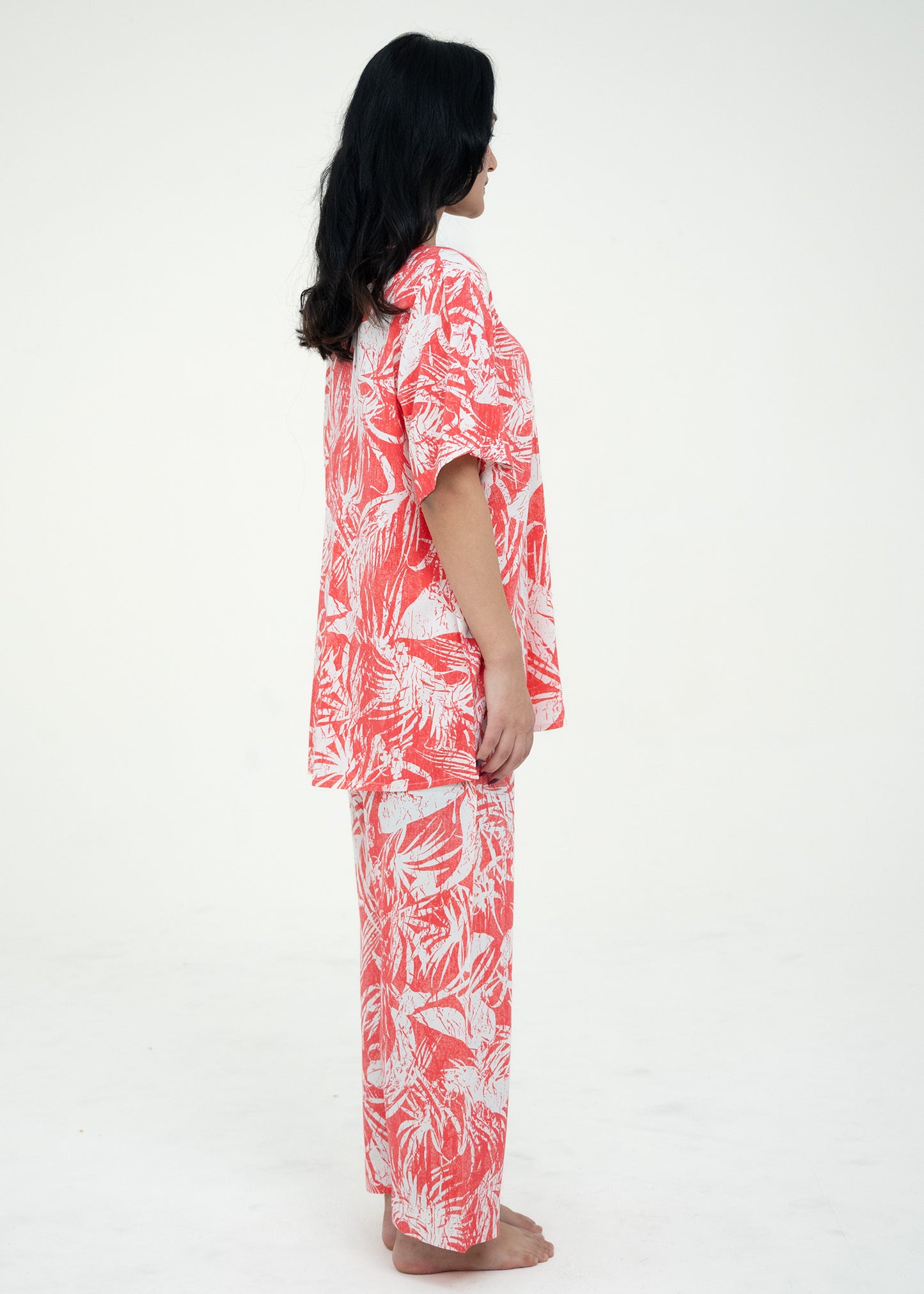 Linen Pink Floral Round Neck Comfort Fit Short Sleeve Pajama Set