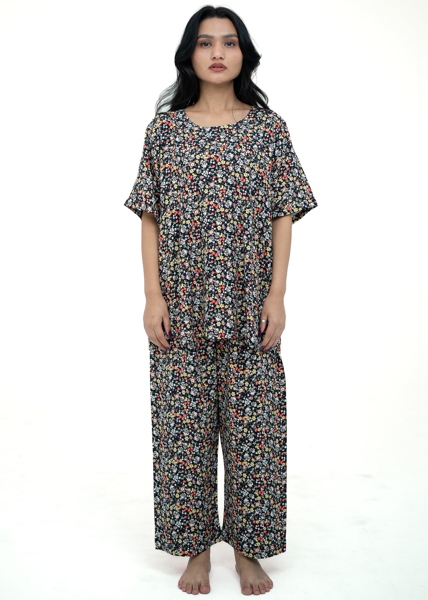 Linen Floral Soft Round Neck Comfort Fit Short Sleeve Pajama Set