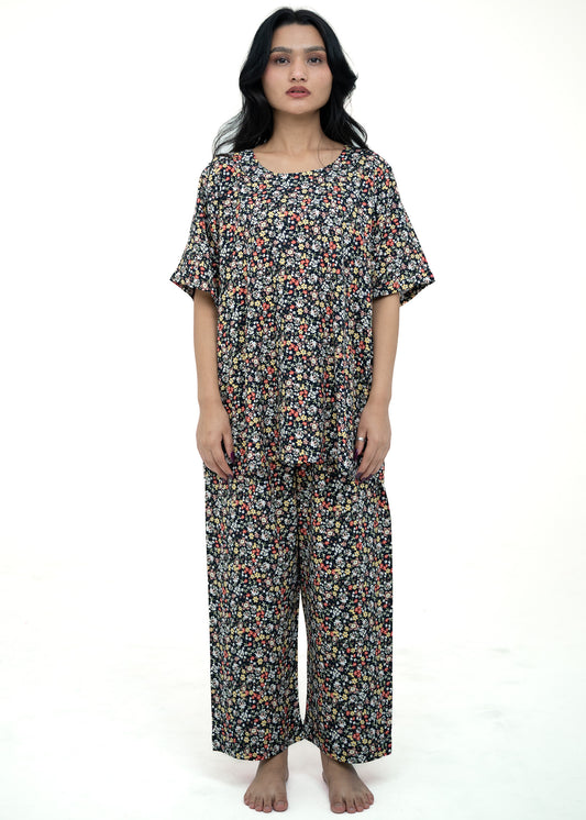 Linen Floral Soft Round Neck Comfort Fit Short Sleeve Pajama Set