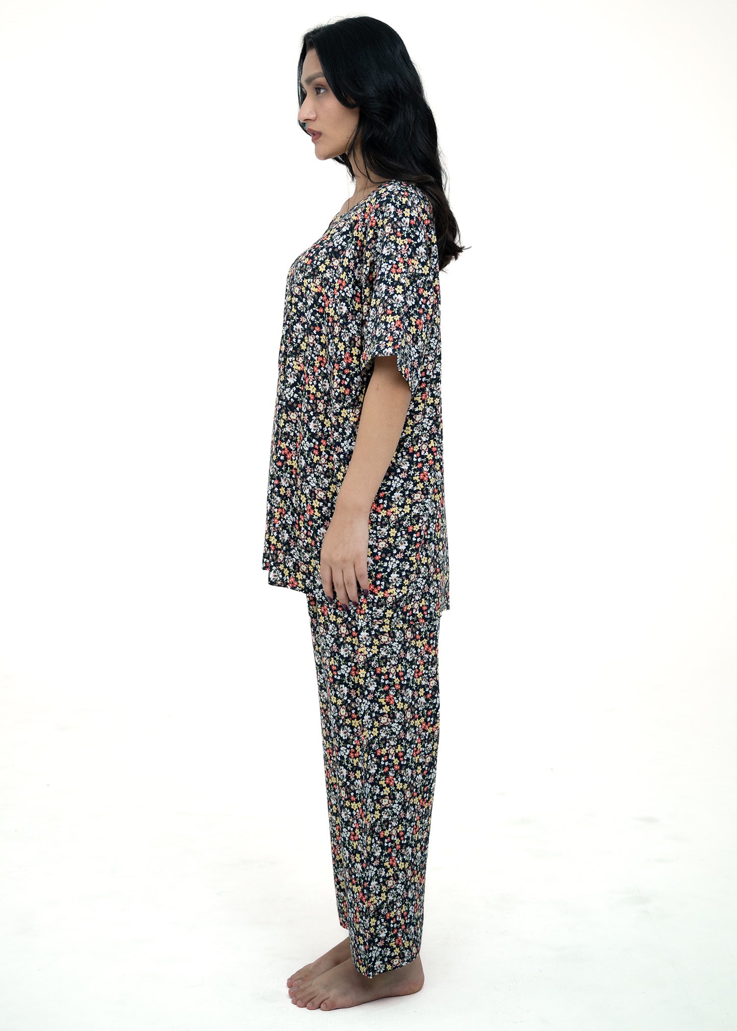 Linen Floral Soft Round Neck Comfort Fit Short Sleeve Pajama Set