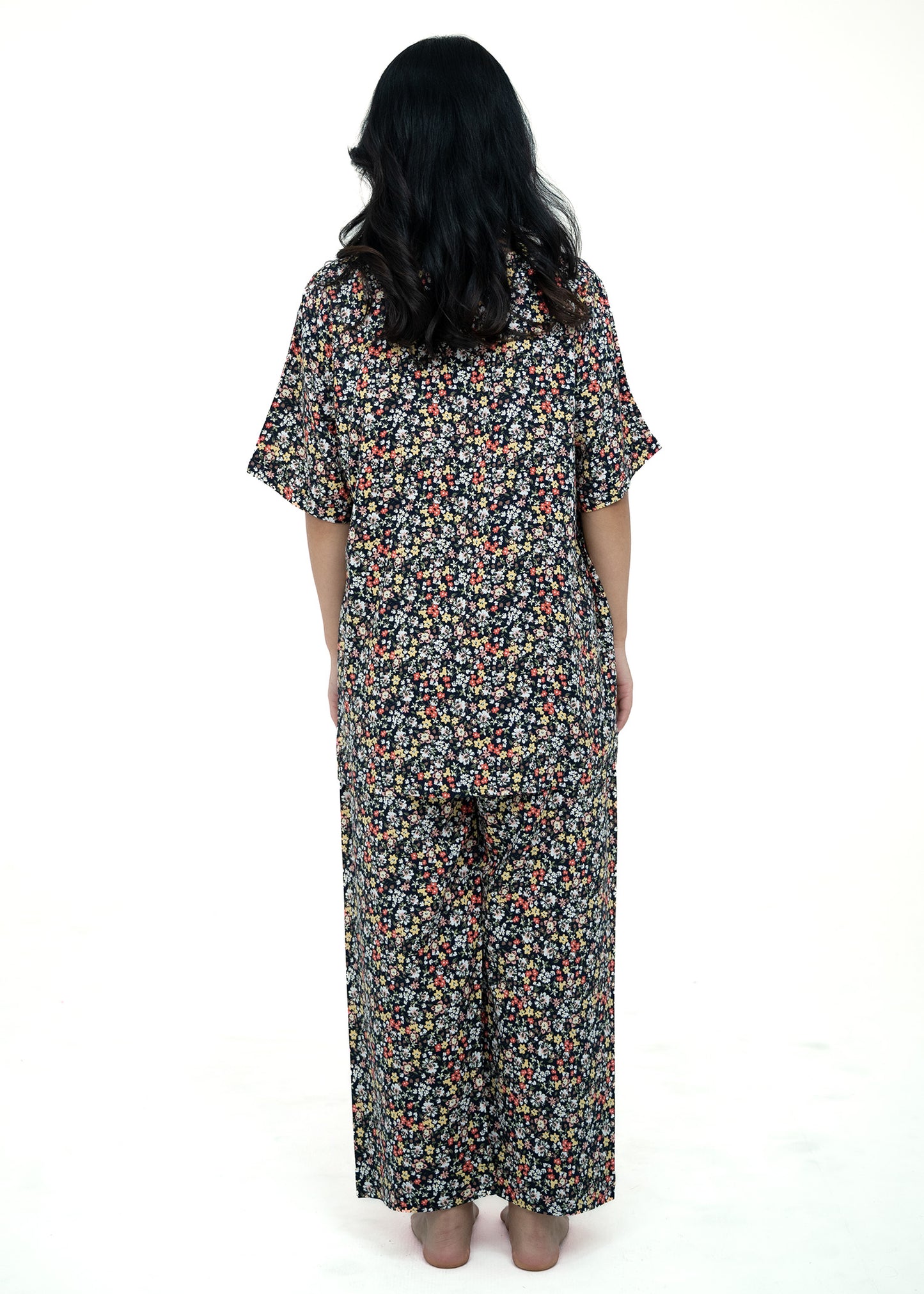 Linen Floral Soft Round Neck Comfort Fit Short Sleeve Pajama Set