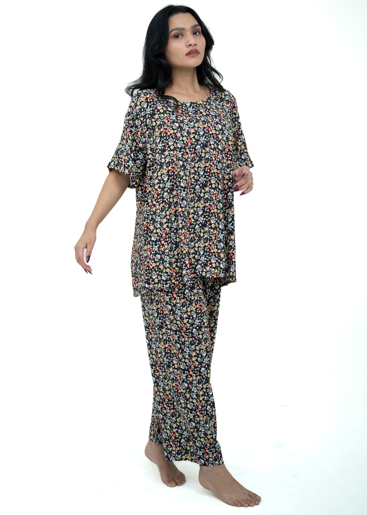 Linen Floral Soft Round Neck Comfort Fit Short Sleeve Pajama Set