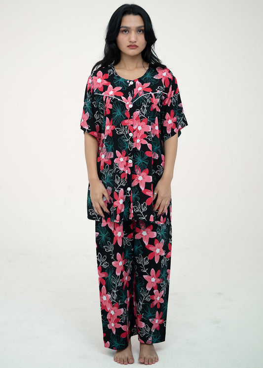 Short Sleeve Button-Up Top Black &amp; Red Pajama Set