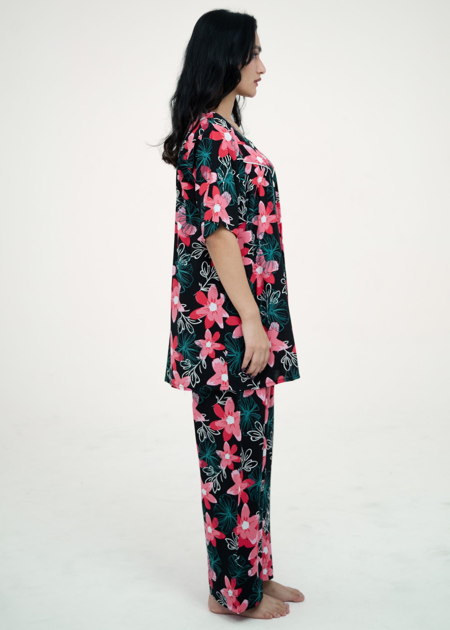 Short Sleeve Button-Up Top Black &amp; Red Pajama Set