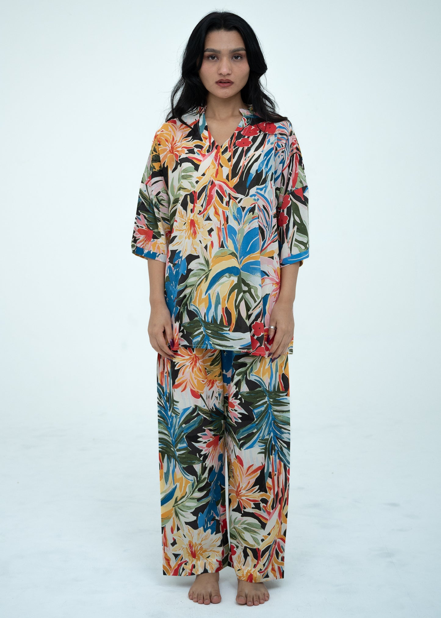 Linen Soft V-Neck Relaxed Fit Multicolor Pajama Set