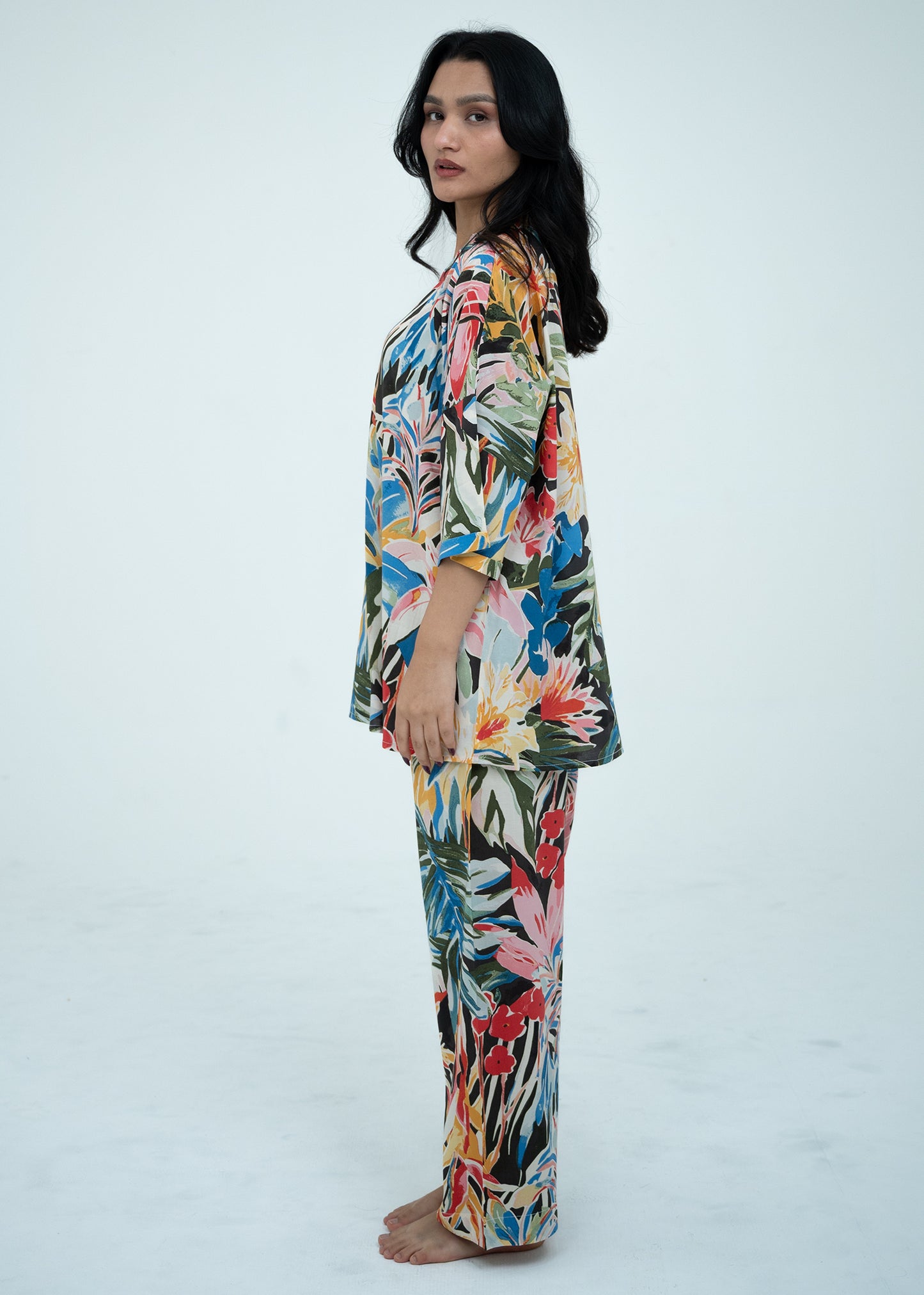 Linen Soft V-Neck Relaxed Fit Multicolor Pajama Set