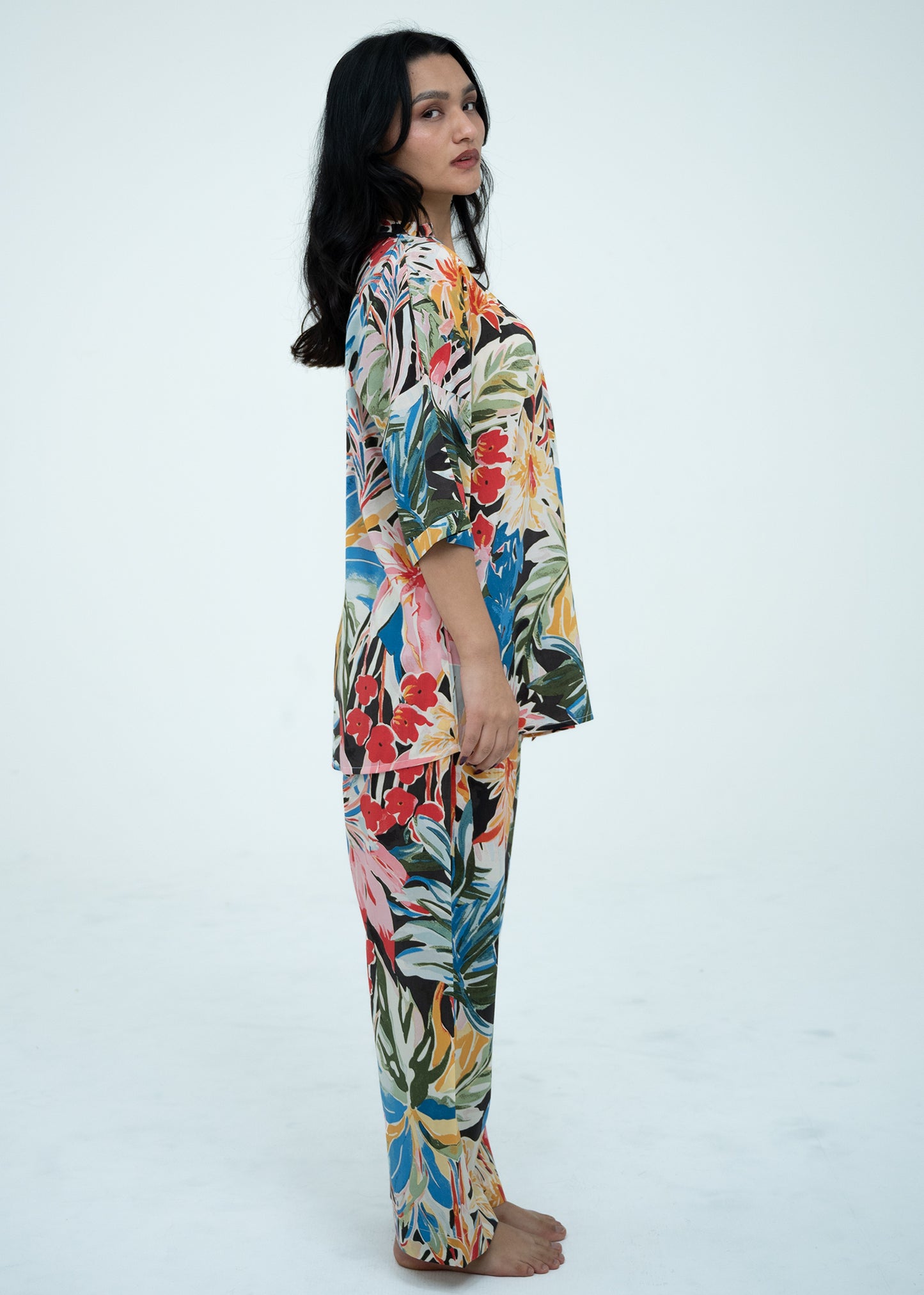 Linen Soft V-Neck Relaxed Fit Multicolor Pajama Set