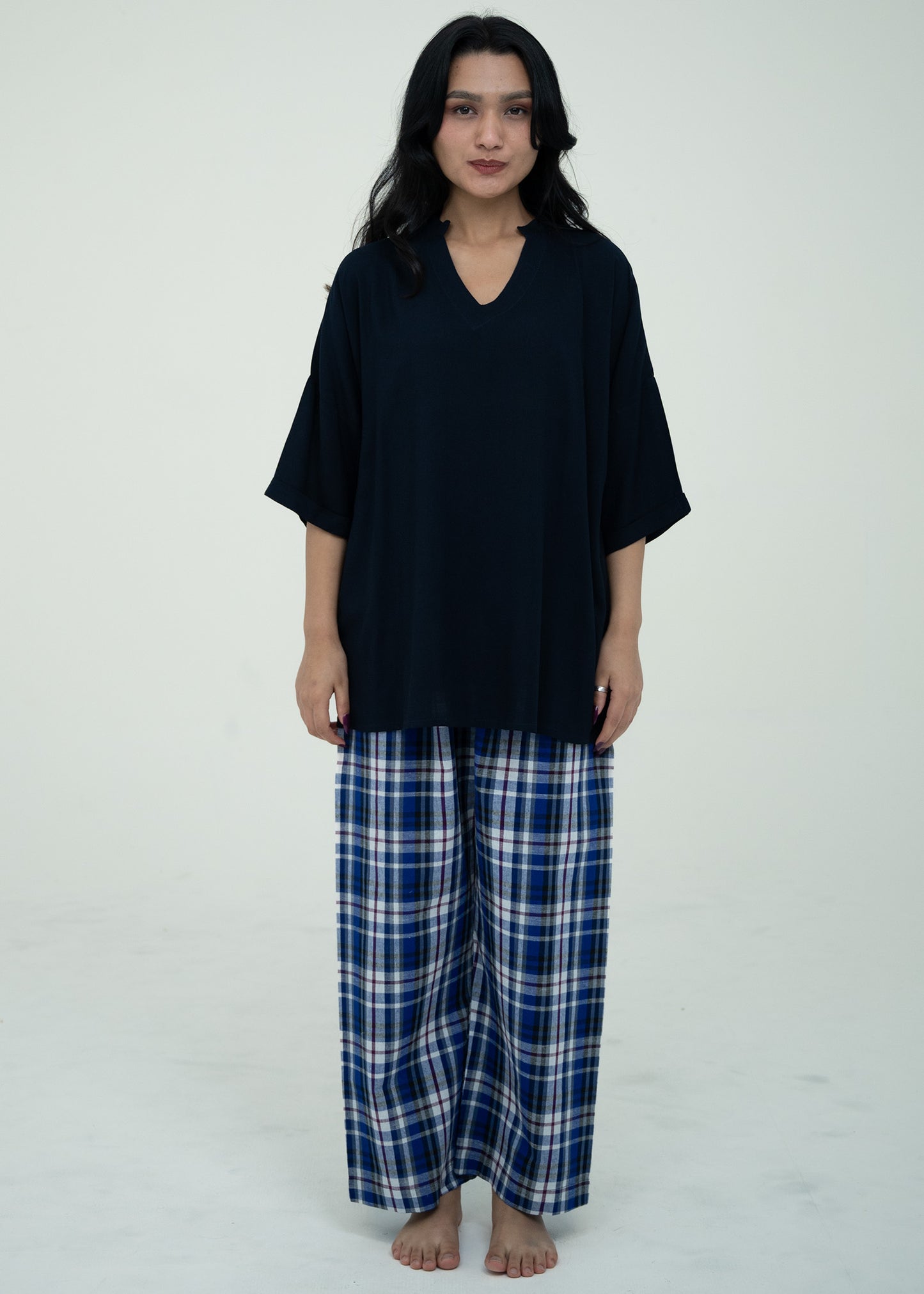 Cotton Relaxed Fit V-Neck Pajama Set (Black Top)
