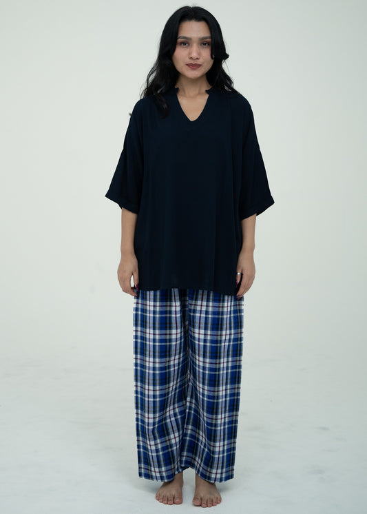 Cotton Relaxed Fit V-Neck Pajama Set (Black Top)