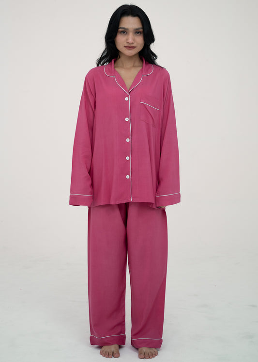 Linen Relaxed Fit Pink Pajama Set