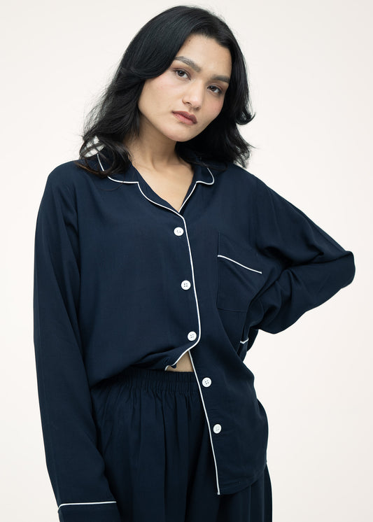 Linen Relaxed Fit Navy Blue Pajama Set