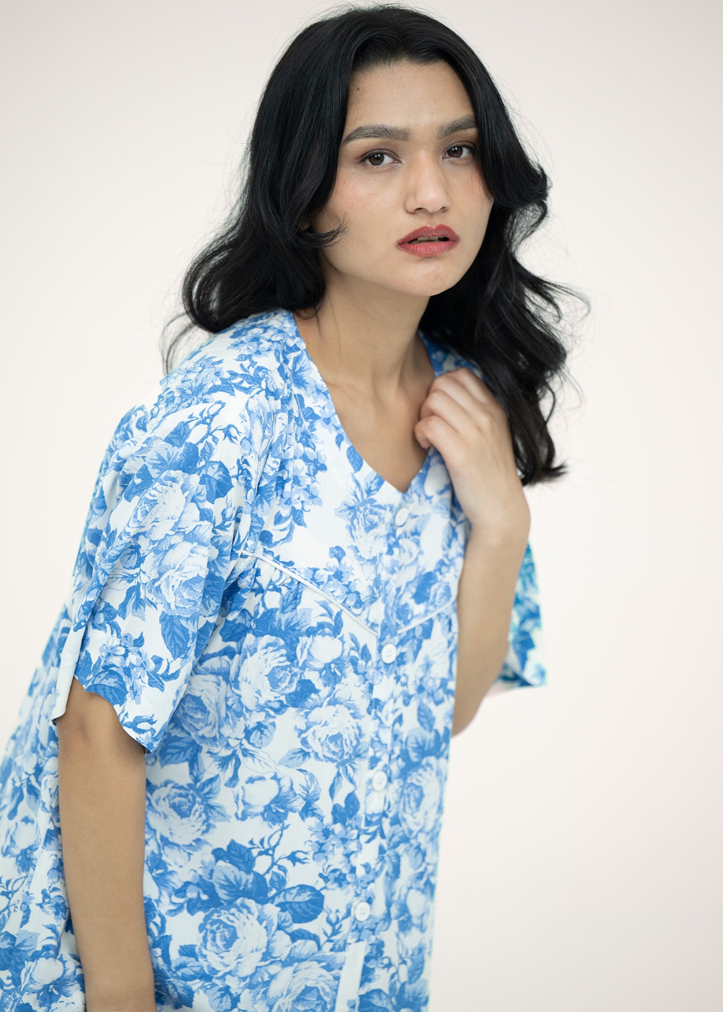 Short Sleeve Button-Up Top Blue Pajama Set