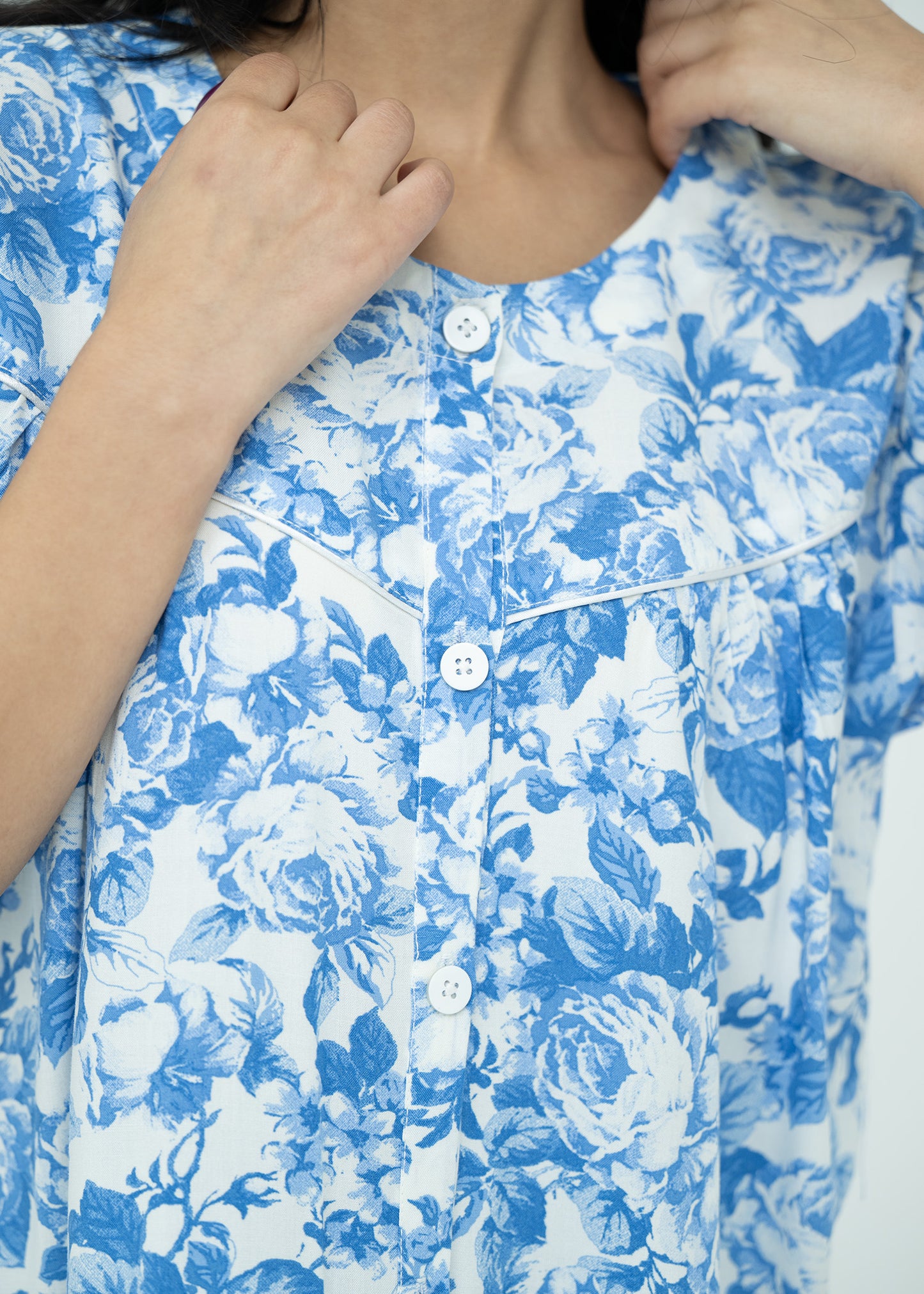 Short Sleeve Button-Up Top Blue Pajama Set