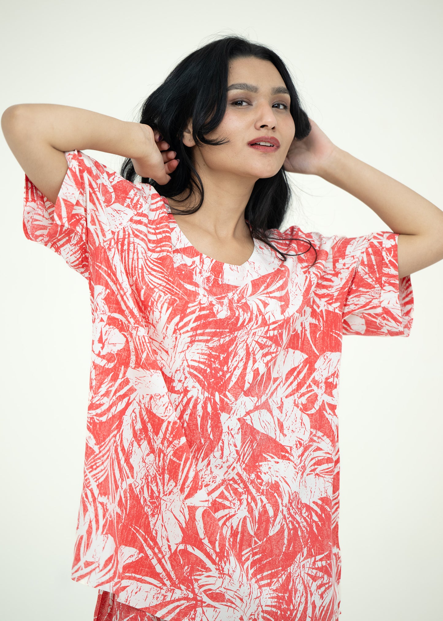 Linen Pink Floral Round Neck Comfort Fit Short Sleeve Pajama Set