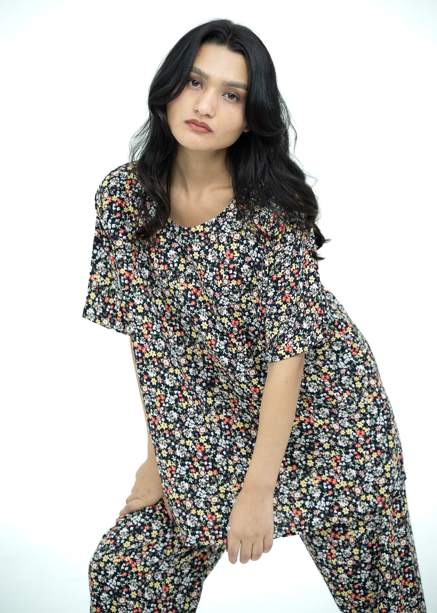 Linen Floral Soft Round Neck Comfort Fit Short Sleeve Pajama Set
