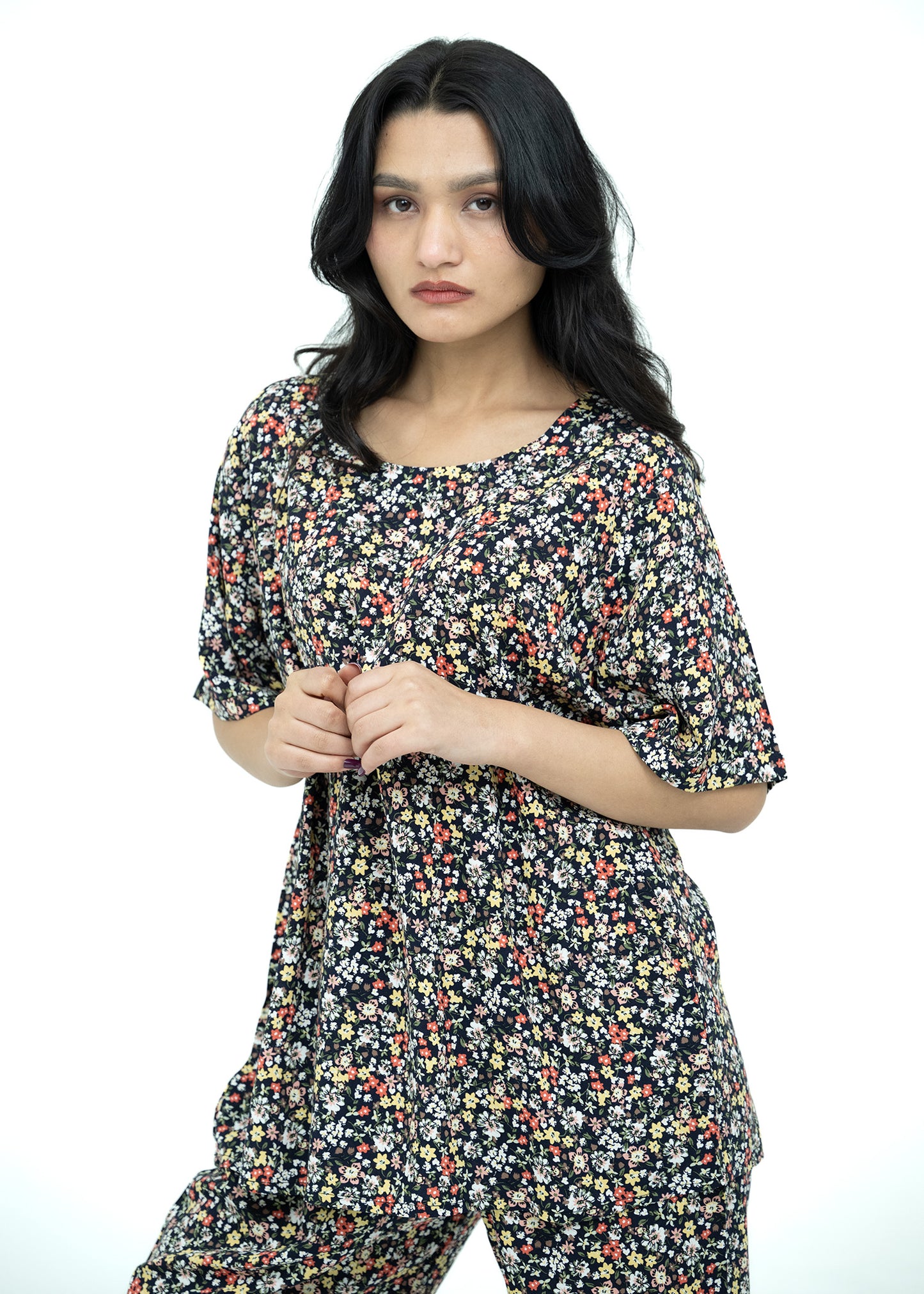 Linen Floral Soft Round Neck Comfort Fit Short Sleeve Pajama Set