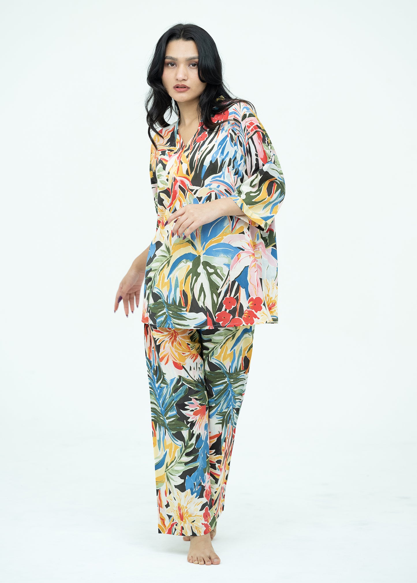 Linen Soft V-Neck Relaxed Fit Multicolor Pajama Set