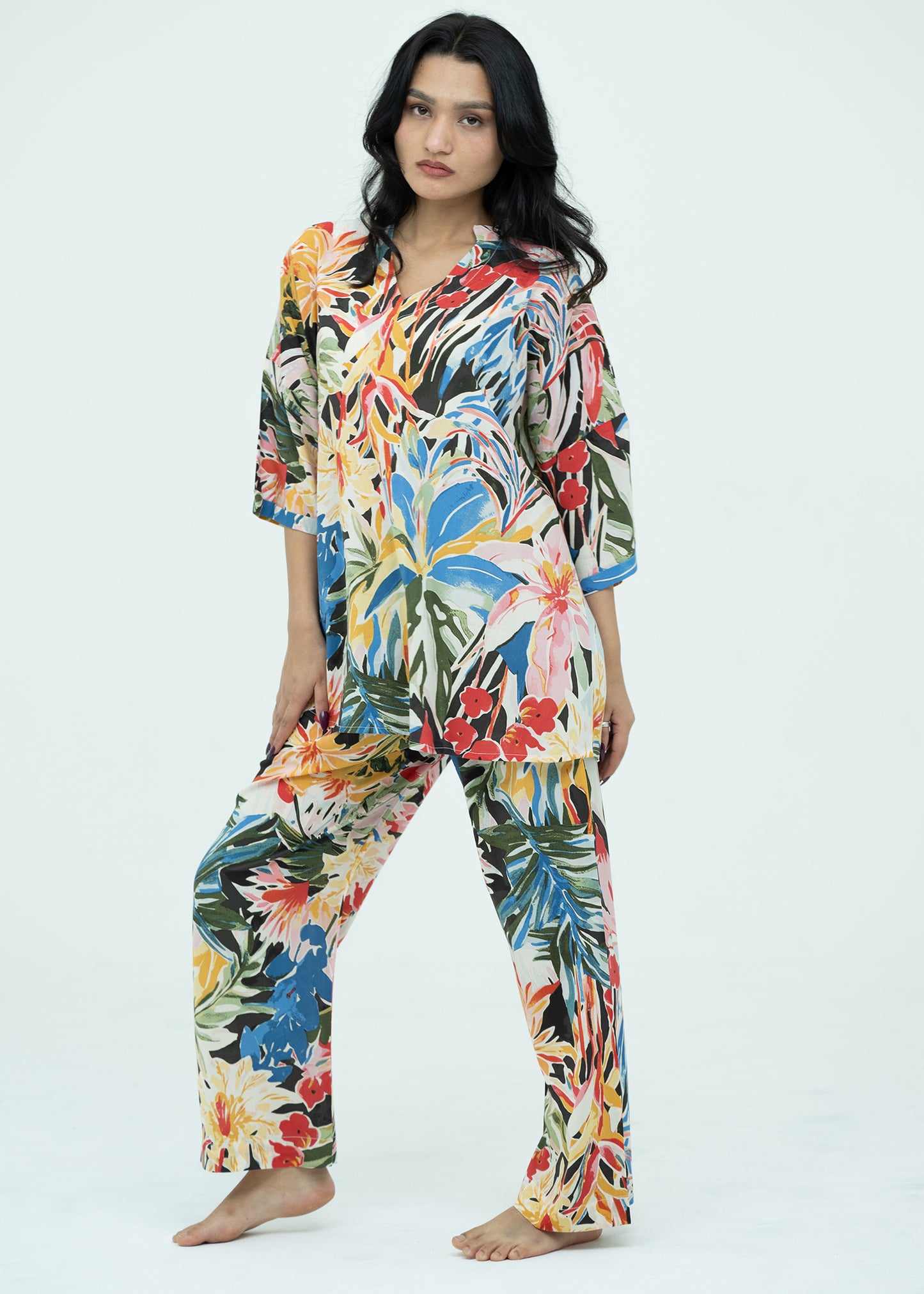 Linen Soft V-Neck Relaxed Fit Multicolor Pajama Set
