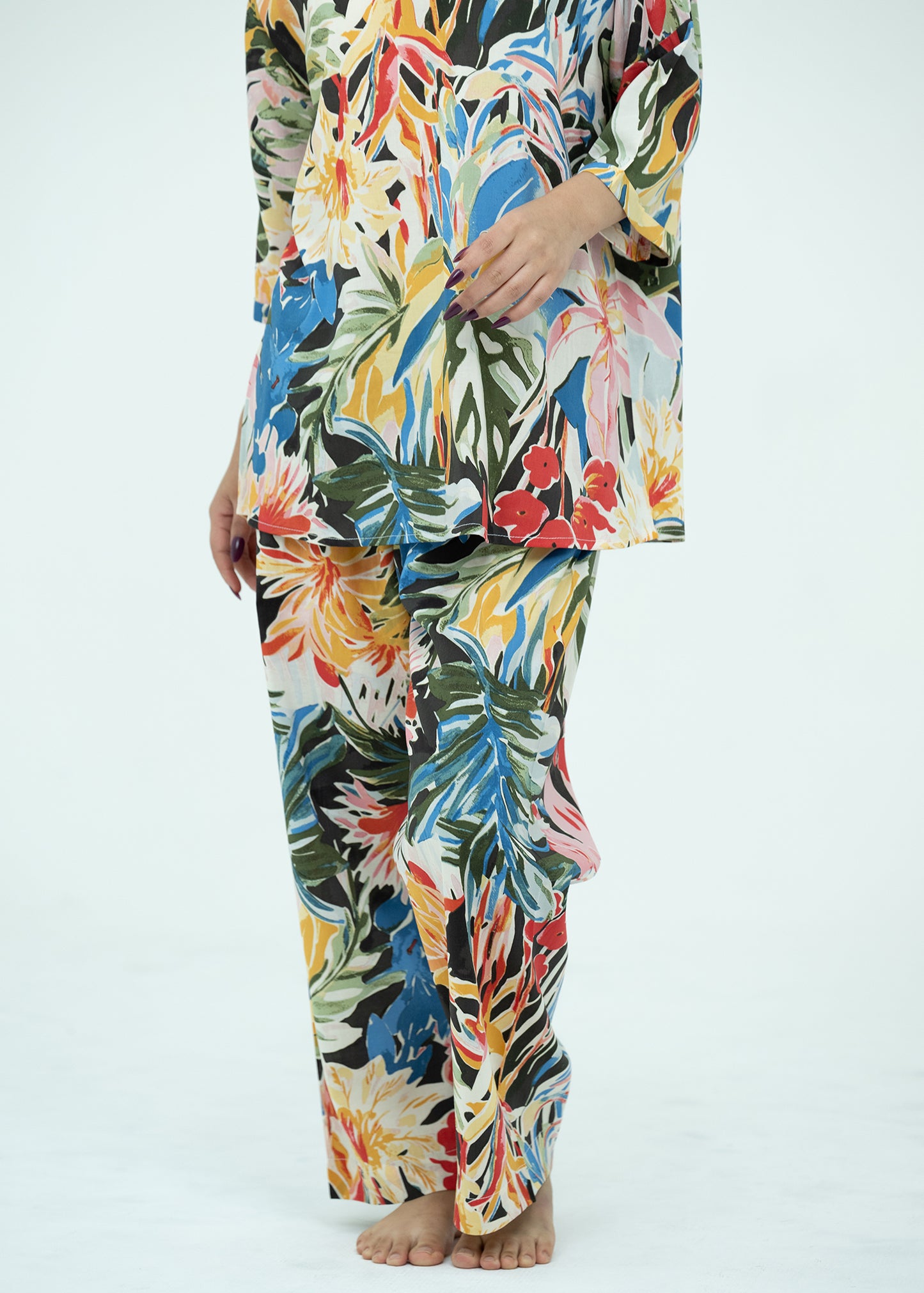 Linen Soft V-Neck Relaxed Fit Multicolor Pajama Set