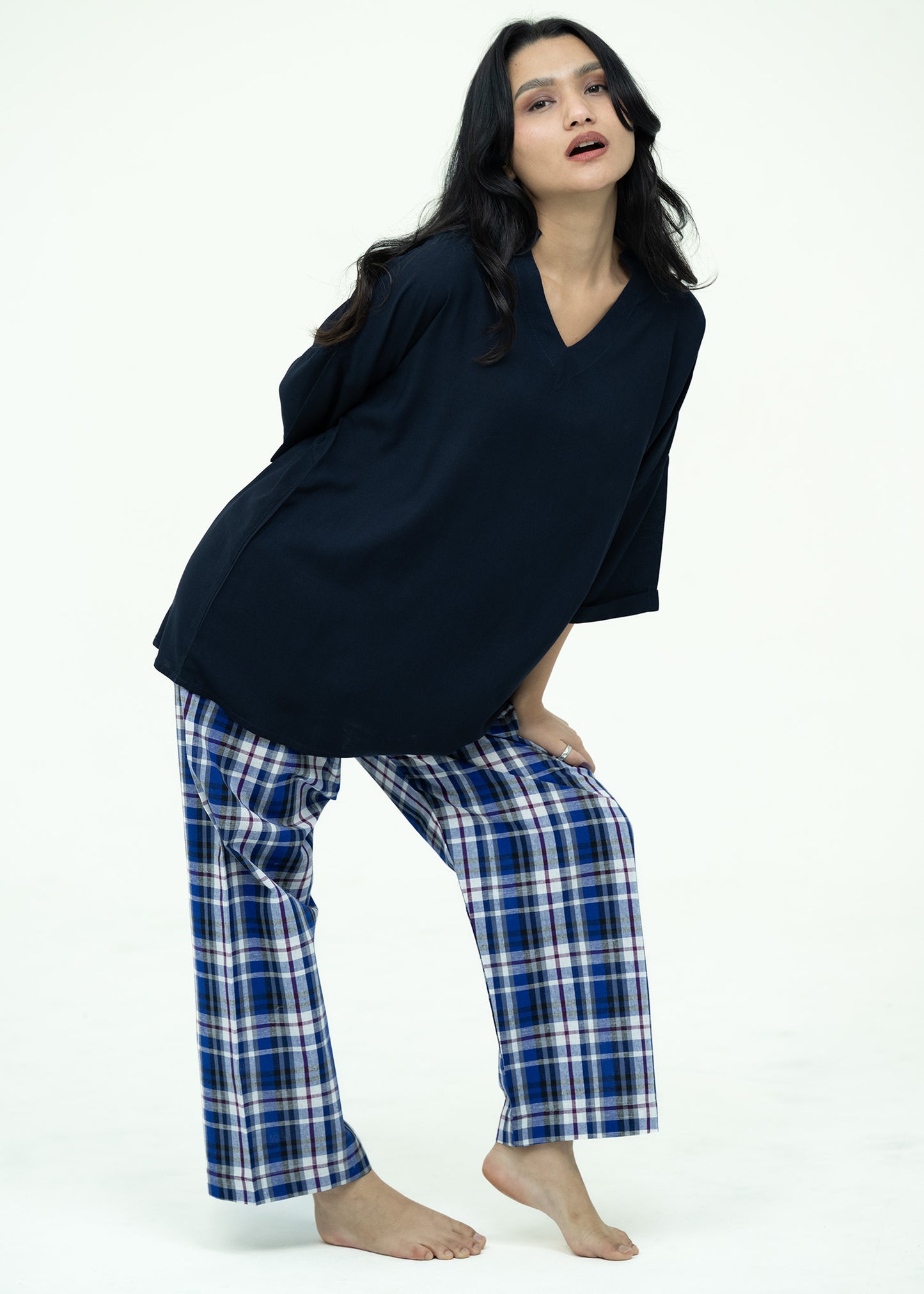 Cotton Relaxed Fit V-Neck Pajama Set (Black Top)